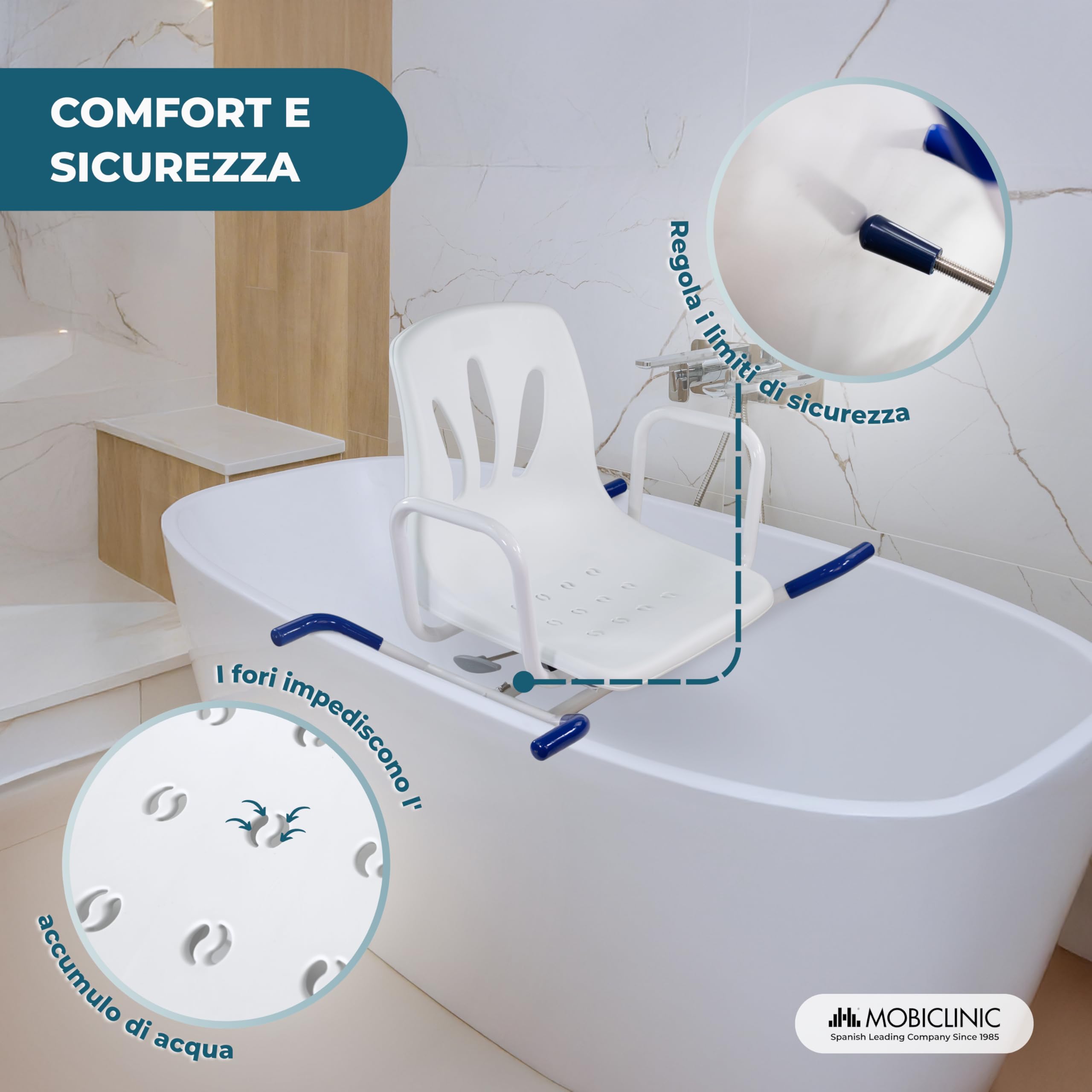 Mobiclinic, Sedia girevole 360º per Vasca da Bagno Anziani, Braccioli, Schienale, Sedile, Rotazione di 360º, Anatomica, Marca europea, Resistente all'acqua, Disabili, Lago