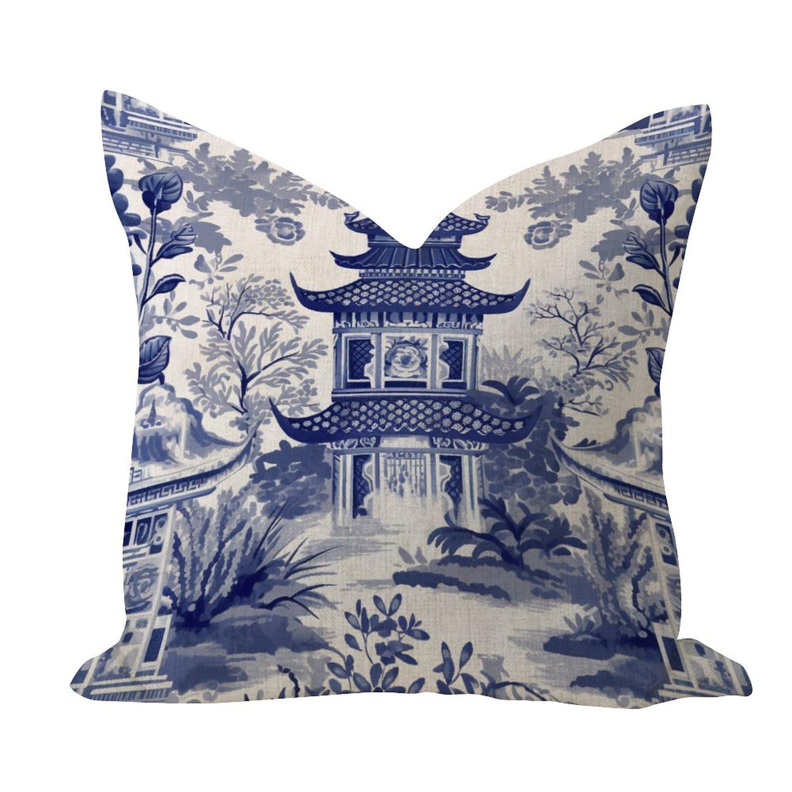 Chinoiserie Blue Asian Pagoda Throw Pillow Cover 16x16in Burlap Linen Farmhouse Pillowcases Floral Plant Botanical Wildflowers Square Throw Pillow Case for Bedroom Couch Sofa Garden Home Decoration