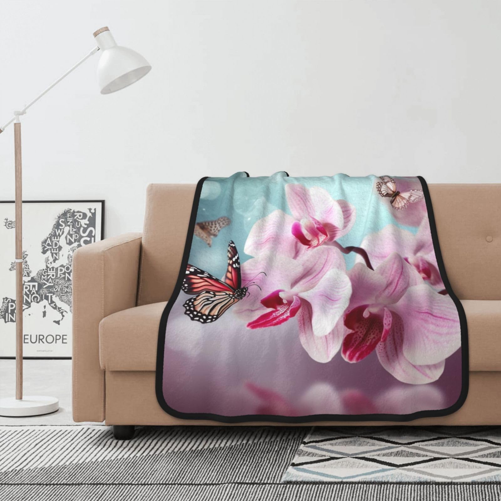 Couverture polaire légère imprimé papillon d'orchidée plaid flanelle