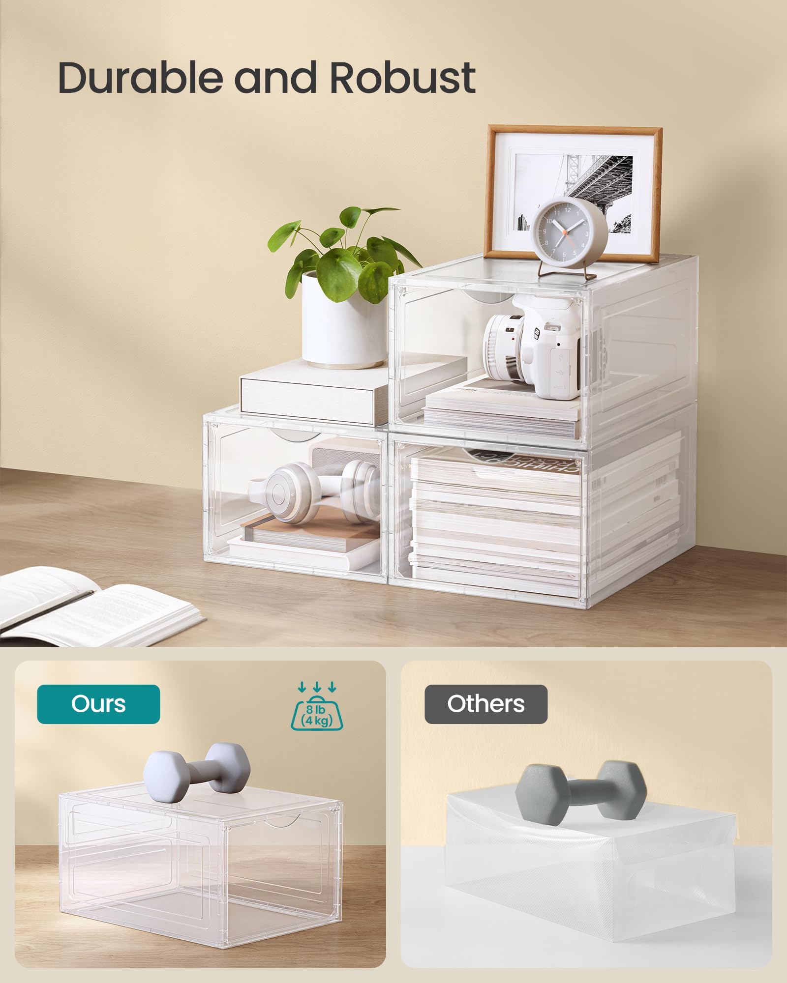 SONGMICS Scatole per scarpe, trasparenti, set di 12, in plastica, con porta trasparente, facile da montare, fino alla misura 44, colore bianco, ULSP032W12