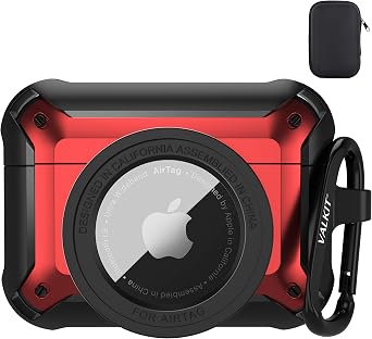 Valkit Protective Case for Airpods Pro & Airtags, Rugged Shockproof 2 in 1 Case with Keychain, Black/Red