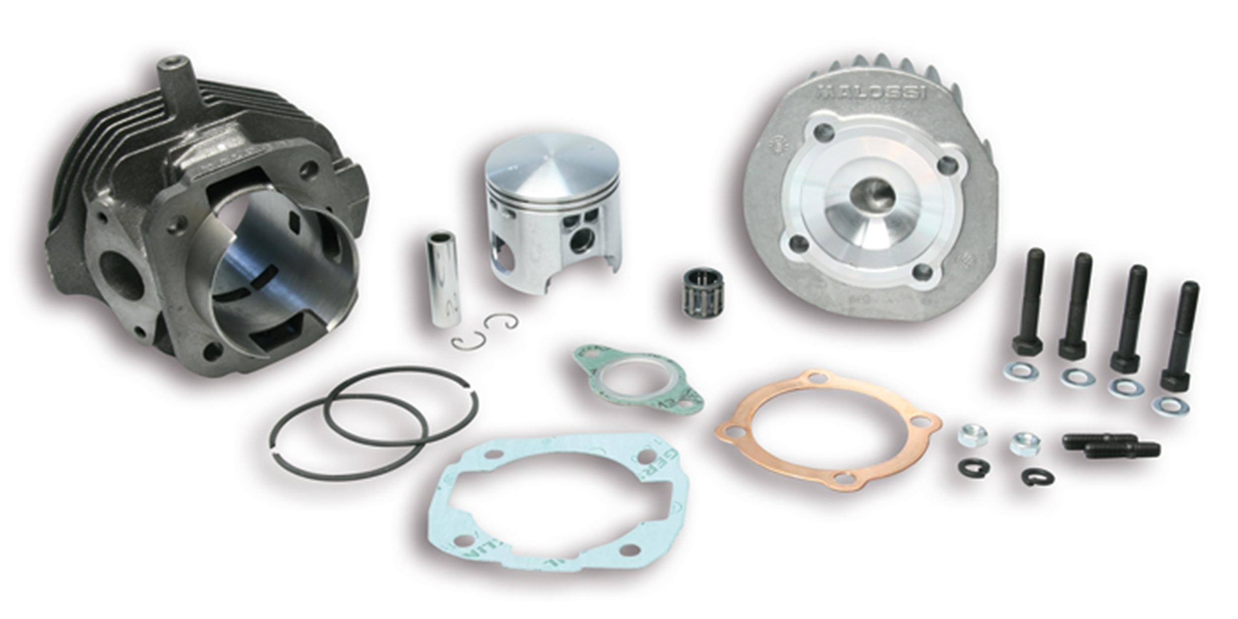 MALOSSI Rennzylinder 112ccm für Vespa 50/PK50/S/XL/XL2 Grauguß, 6 ÜS, Hub 43mm, inkl. Zylinderkopf, Ø 57,5mm, M6 Auslassstehbolzen, mit SIP -Datenblatt