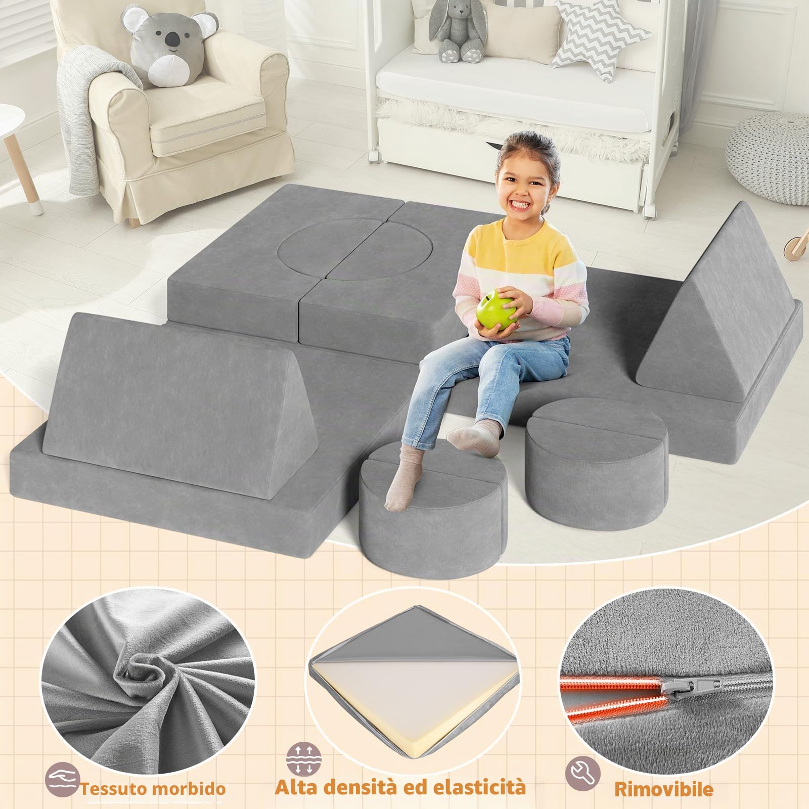 MAMIZO Divano da Gioco per Bambini, DivanoModulare per Bambini con 15PCS Modulo, Poltrona Letto bambino, Divano Trasformabile in Schiuma per bambino, per Camera da Letto, Sala Giochi