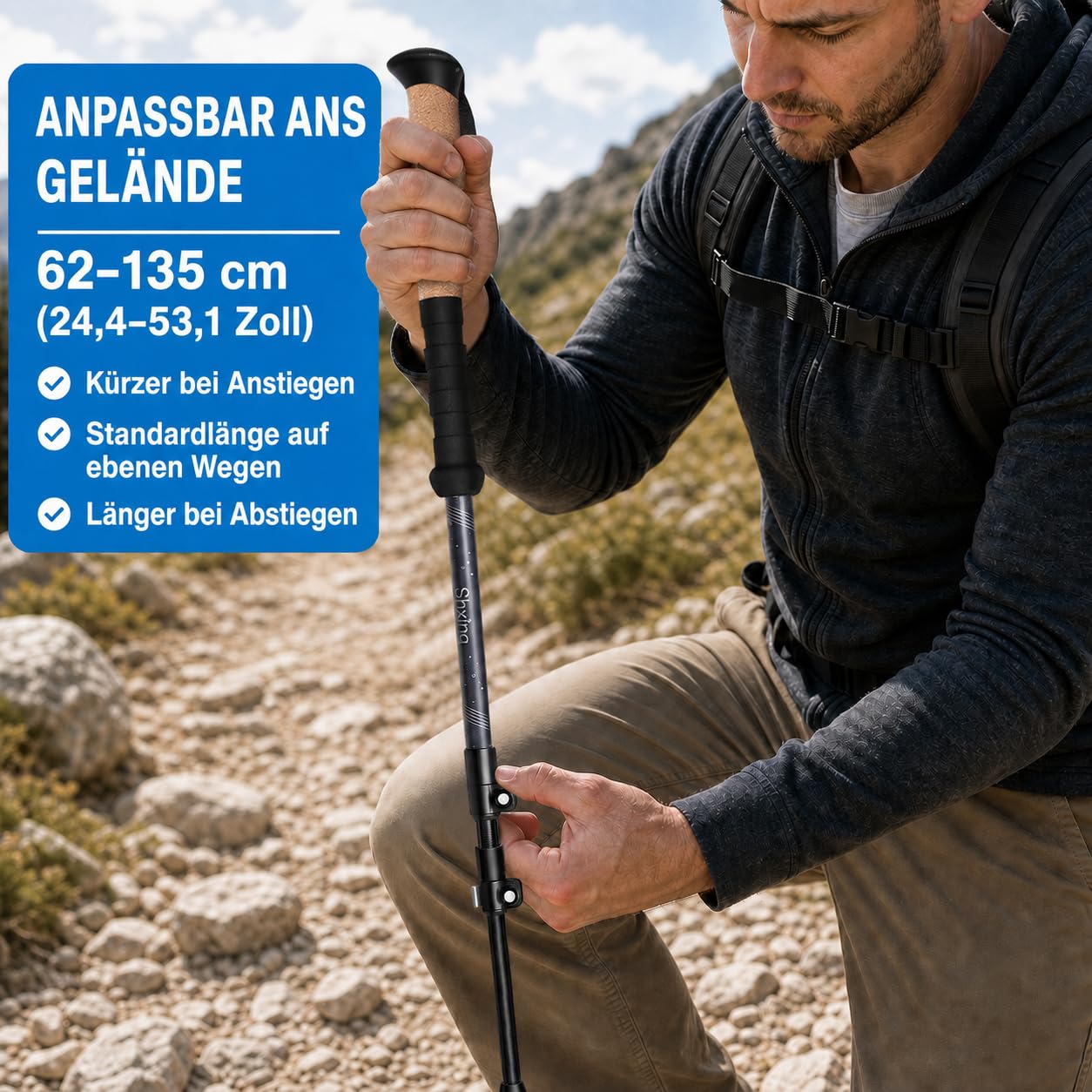 Teleskop-Wanderstöcke Carbon 2er Set, 200 g pro Stock, Grau | 62–135 cm verstellbar, Korkgriff mit EVA, Alu-Verschluss, Tasche & Zubehör, schlicht & vielseitig