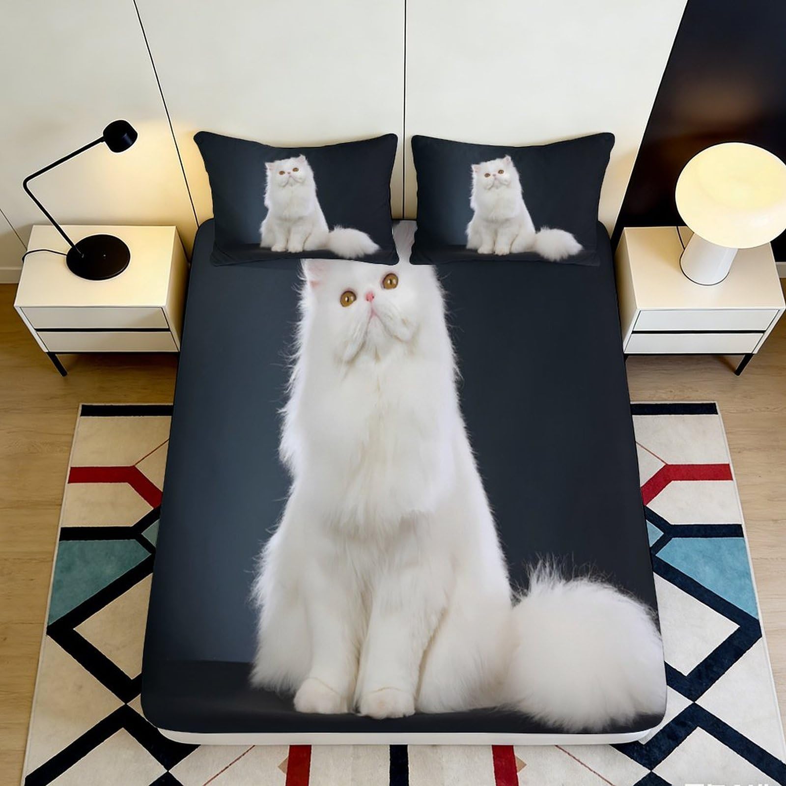 3D Printed White Persian Cat Fitted Sheet Microfiber Soft Breathable Black Cat Bed Cover for Bedroom Dormitory Guest Room Mattress Protection 120x200x25cm