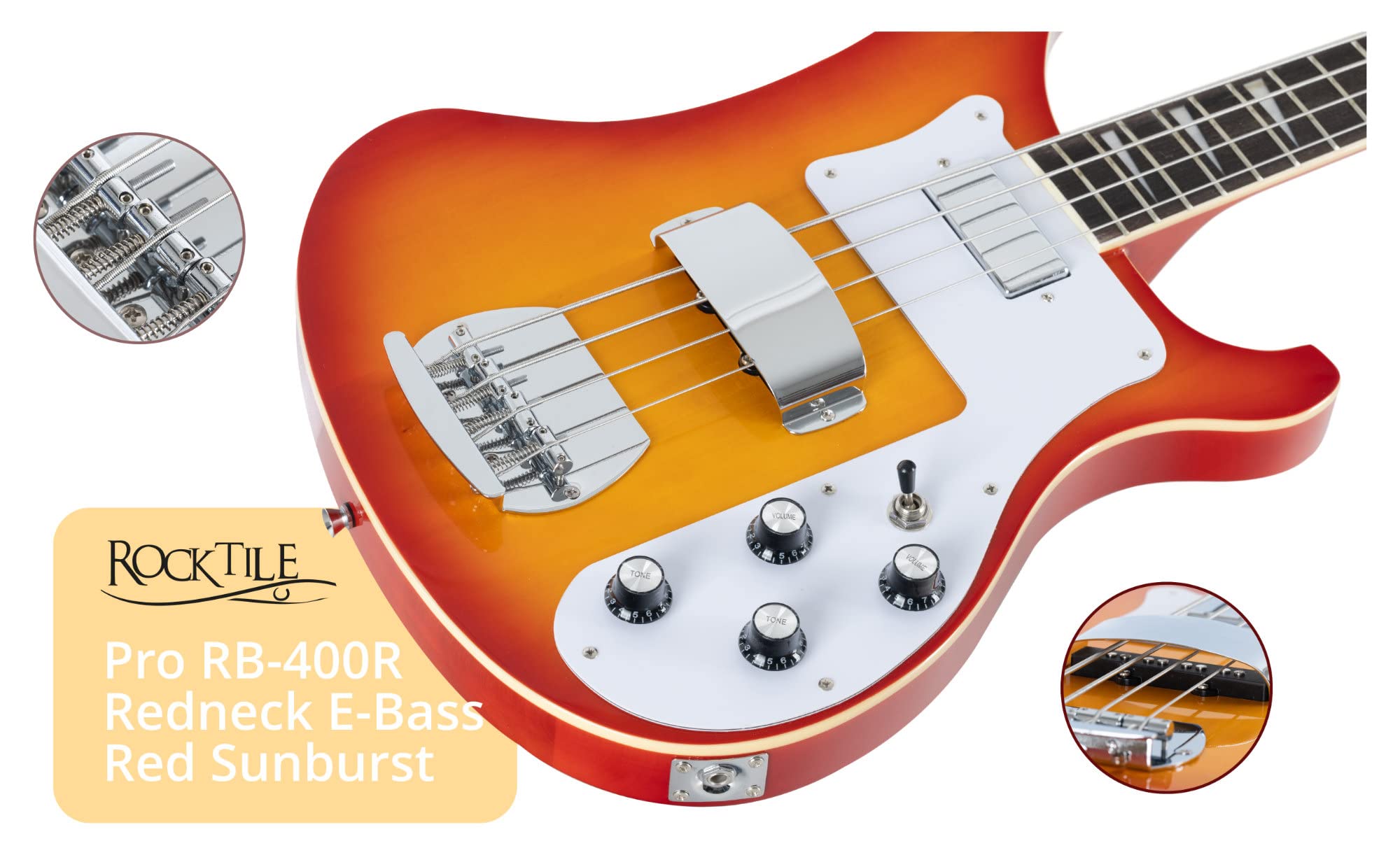 Rocktile Redneck E-Bass (Longscale, Humbucker, Single Coil, eingeleimter Hals) Red Sunburst