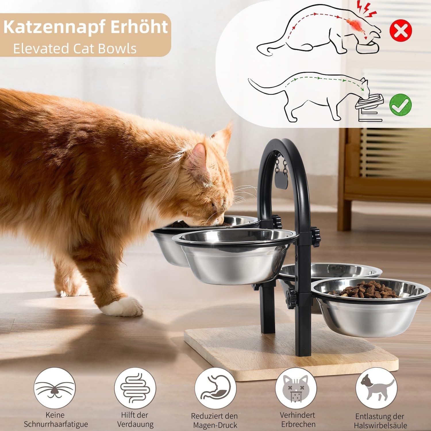 Gamelle surélevée pour chat avec 4 gamelles en acier inoxydable - Hauteur réglable - 4 hauteurs - Station d'alimentation et gamelle d'eau pour chats et petits chiens