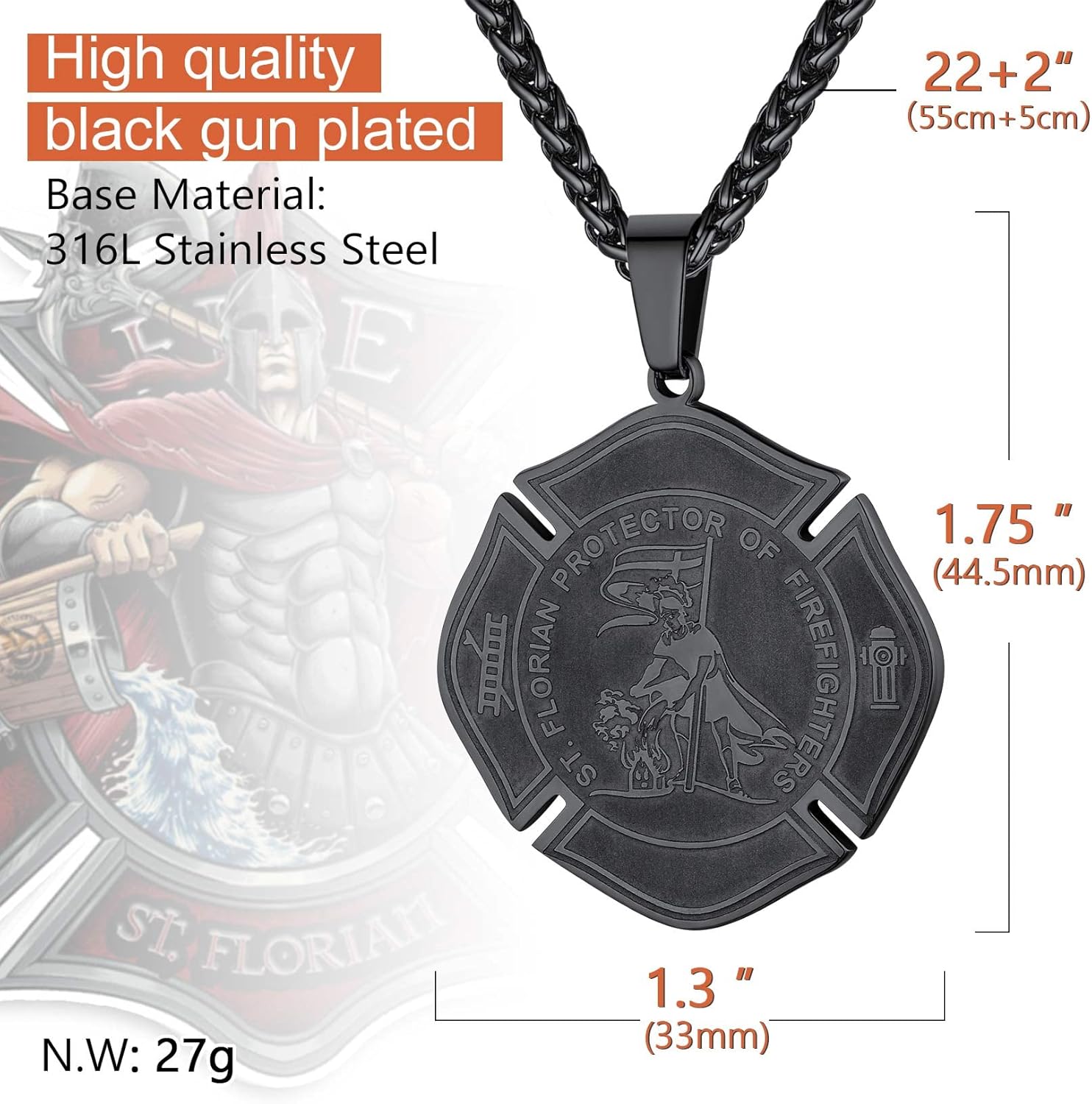 Miniatura 5 de ChainsProMax Collar con colgante de San Florian para hombre con cadena de 22 + 2 pulgadas, puede grabar, acero inoxidable, chapado en oro, caja de