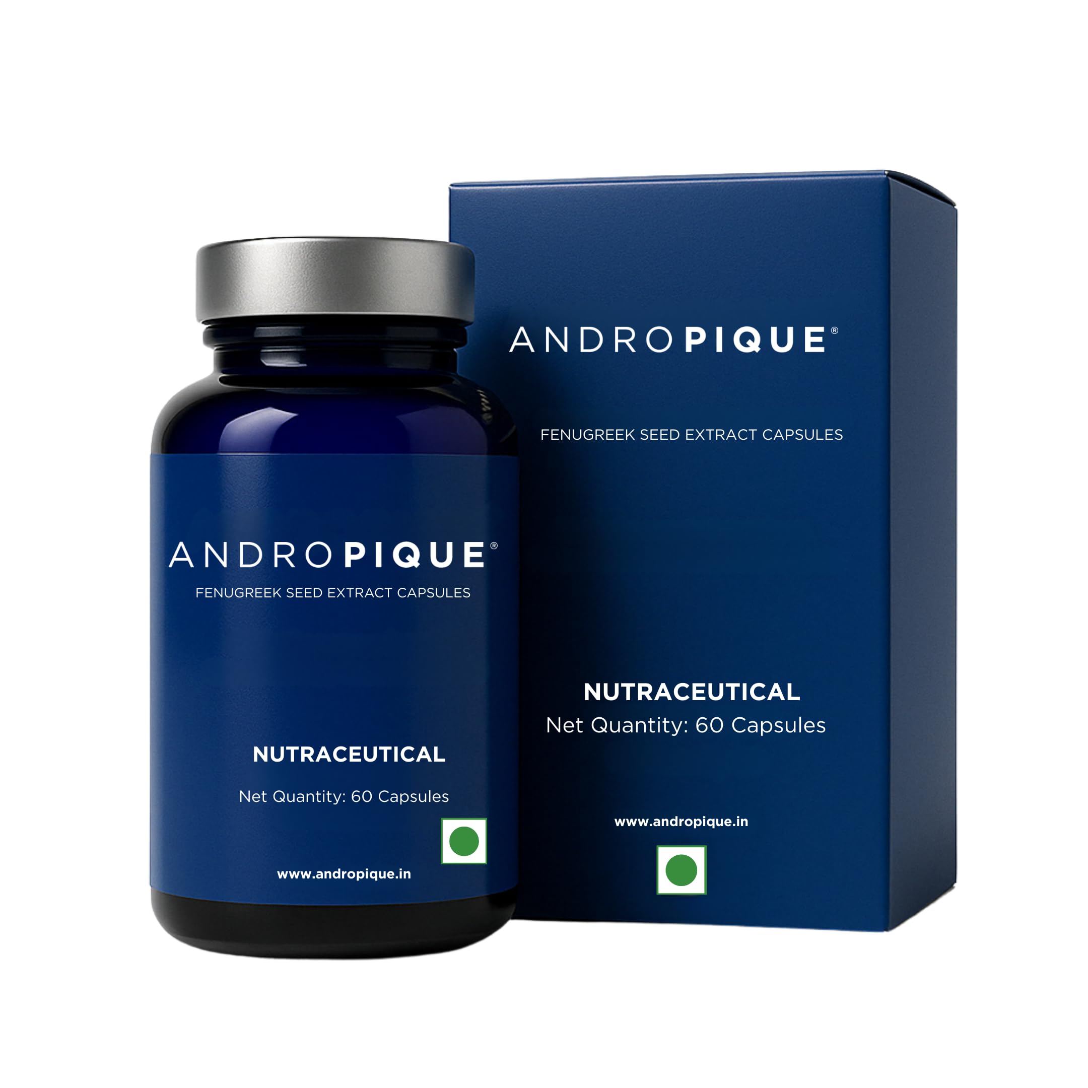 ANDROPIQUE- Natural Testosterone Supplement for Men | Clinically proven | Patented Fenugreek seed extract | For energy, stamina, performance & endurance | 60 capsules
