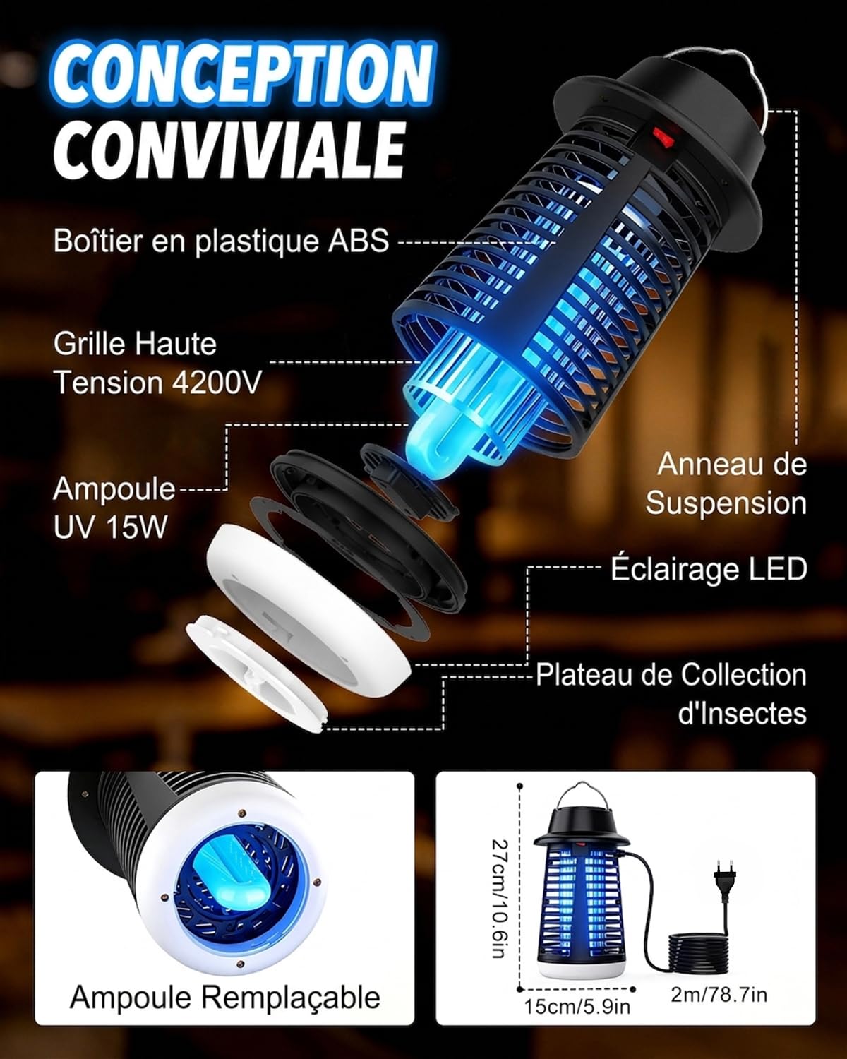 Lampe Anti Moustique Interieur, Lautlos Lampe Anti Mouche Avec Lumière À 360°, Silencieux Lumière Bleue Anti Moustique Pour La Chambre, La Maison, Le Bureau Mouche, Pour Mouche, Les Insectes