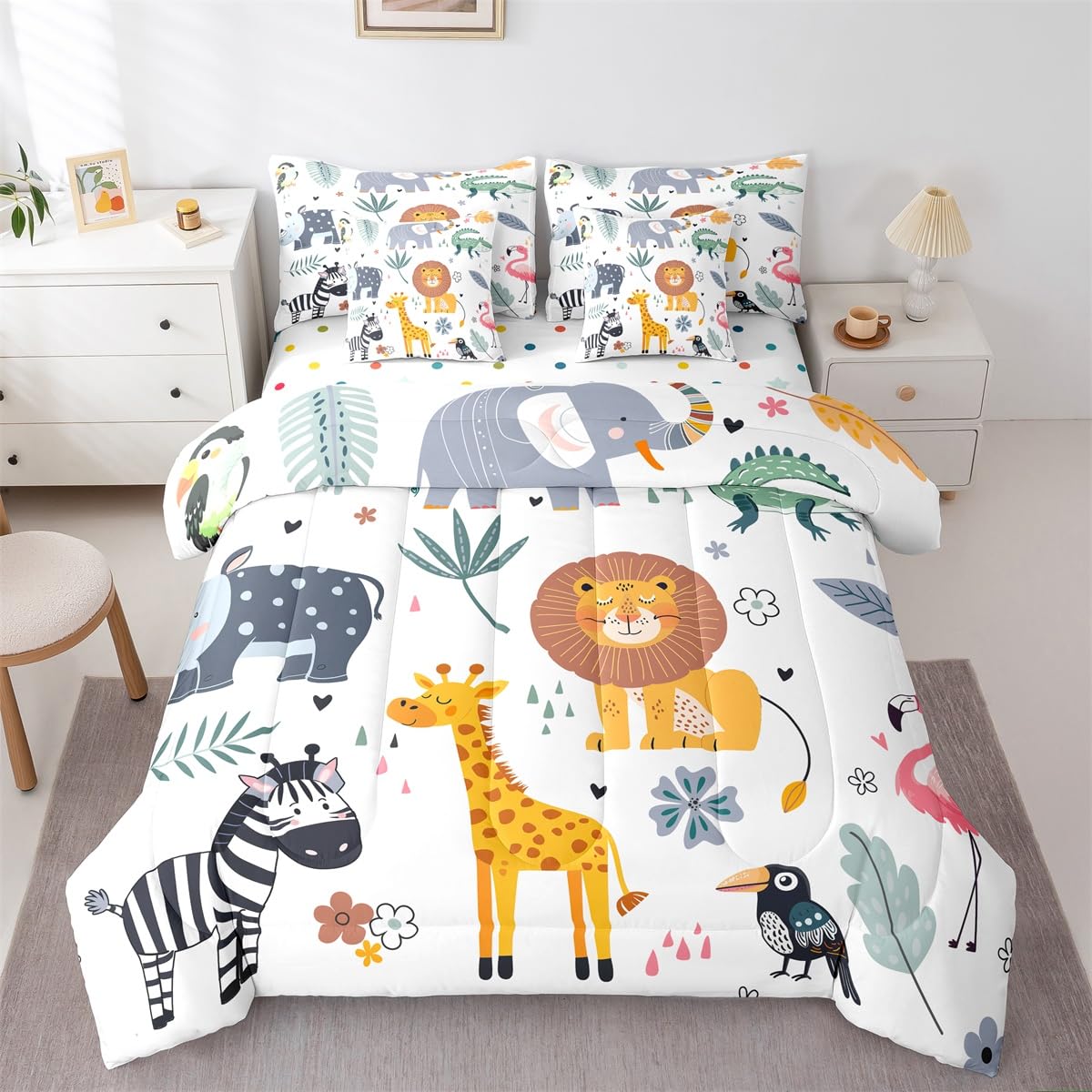 Feelyou Kids Zoo Animal Twin Bed in a Bag - 7 Pcs Boys Girls Cartoon Safari Print Comforter Set with Kawaii Bedding Sets, Pillowcases, Flat Sheet,
