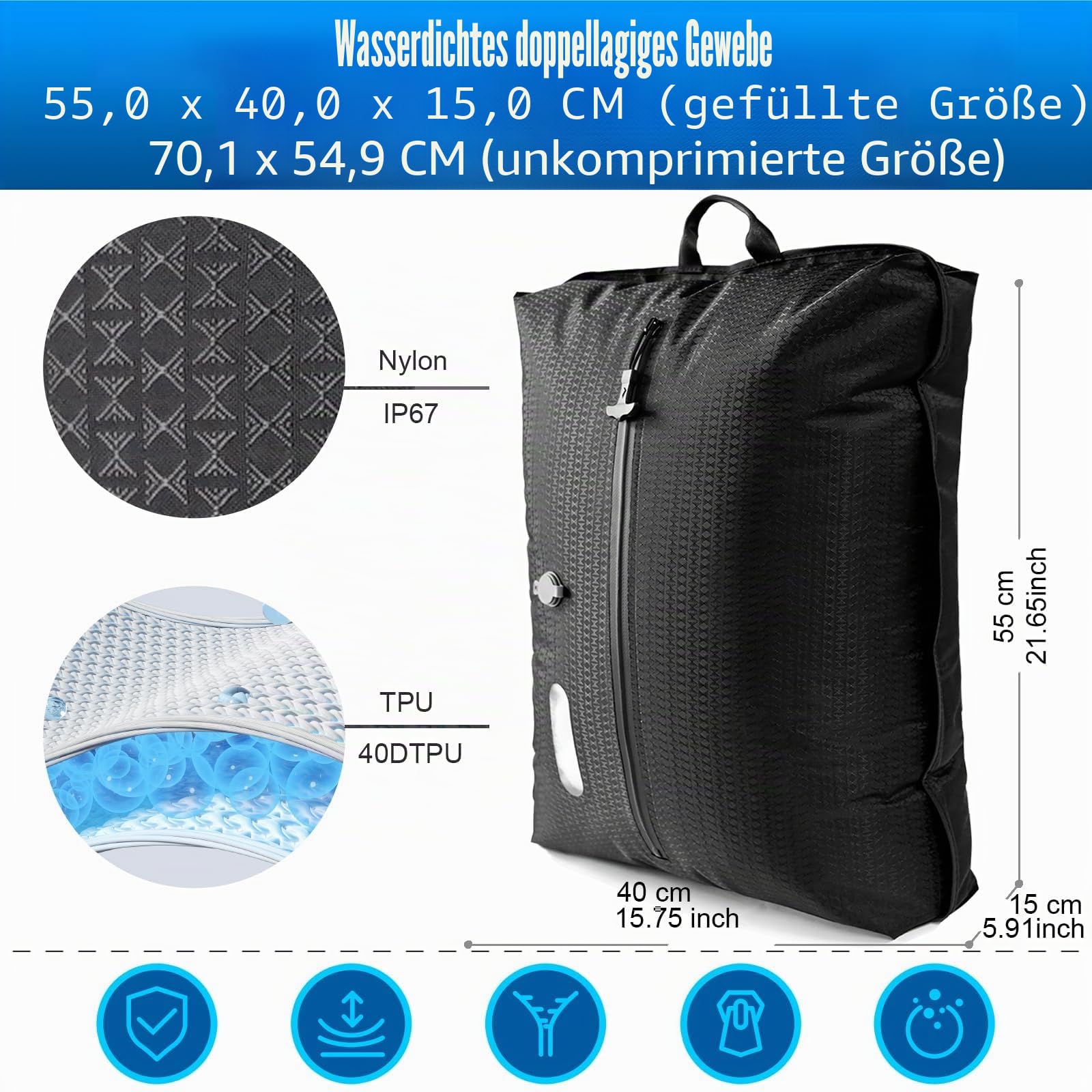 Vakuumbeutel für Kleidung Reise, Reise Vakuumbeutel mit Pumpe Kabelloser, Vacuum Bags for Clothing Travel Mit Sichtfenster, Doppellagiges Gewebe, Wasserdicht nach IP67 (2 Stück + 1 Pumpe)