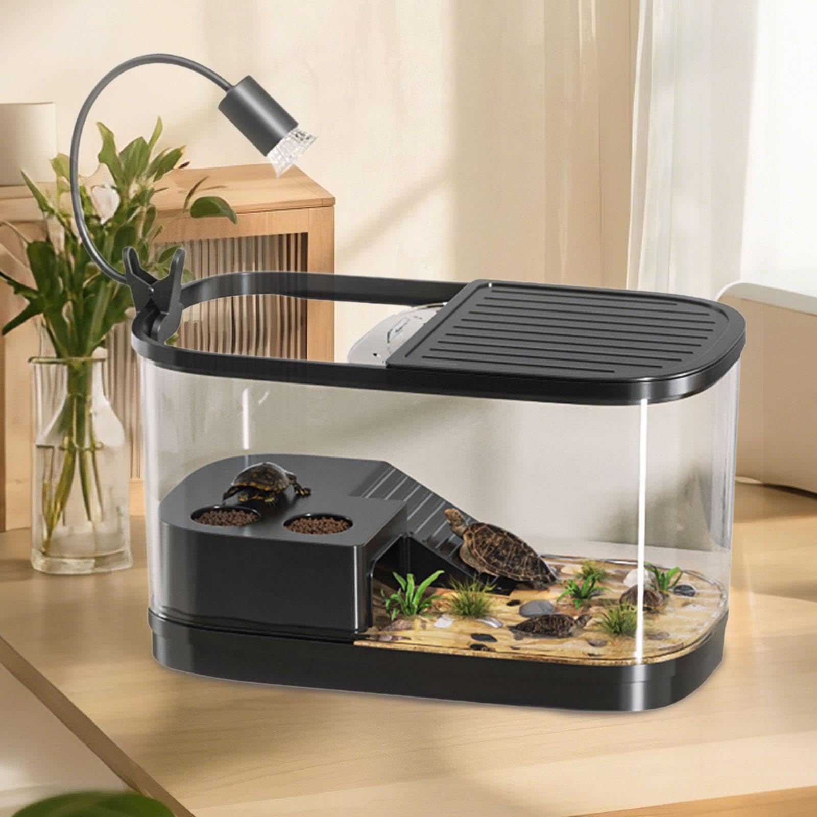 Acuario para Tortugas con para Tomar El Sol Antiarañazos Y Desagüe Lateral Multifuncional para La Cría de Tortugas, Negro Grande, Individual