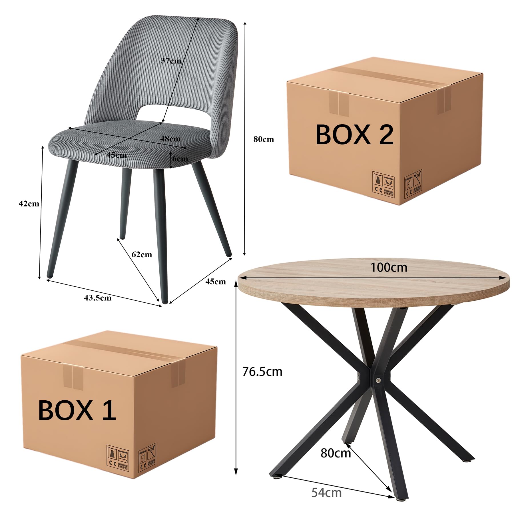 Esstischgruppe mit 4 Stühlen, 100cm Runder Tisch mit 4 Gepolsterte Samt-Esszimmerstühle, Mittelcentury Modern Design für Küche, Wohnzimmer, Restaurants (Helle Holzmaserung+Grau)