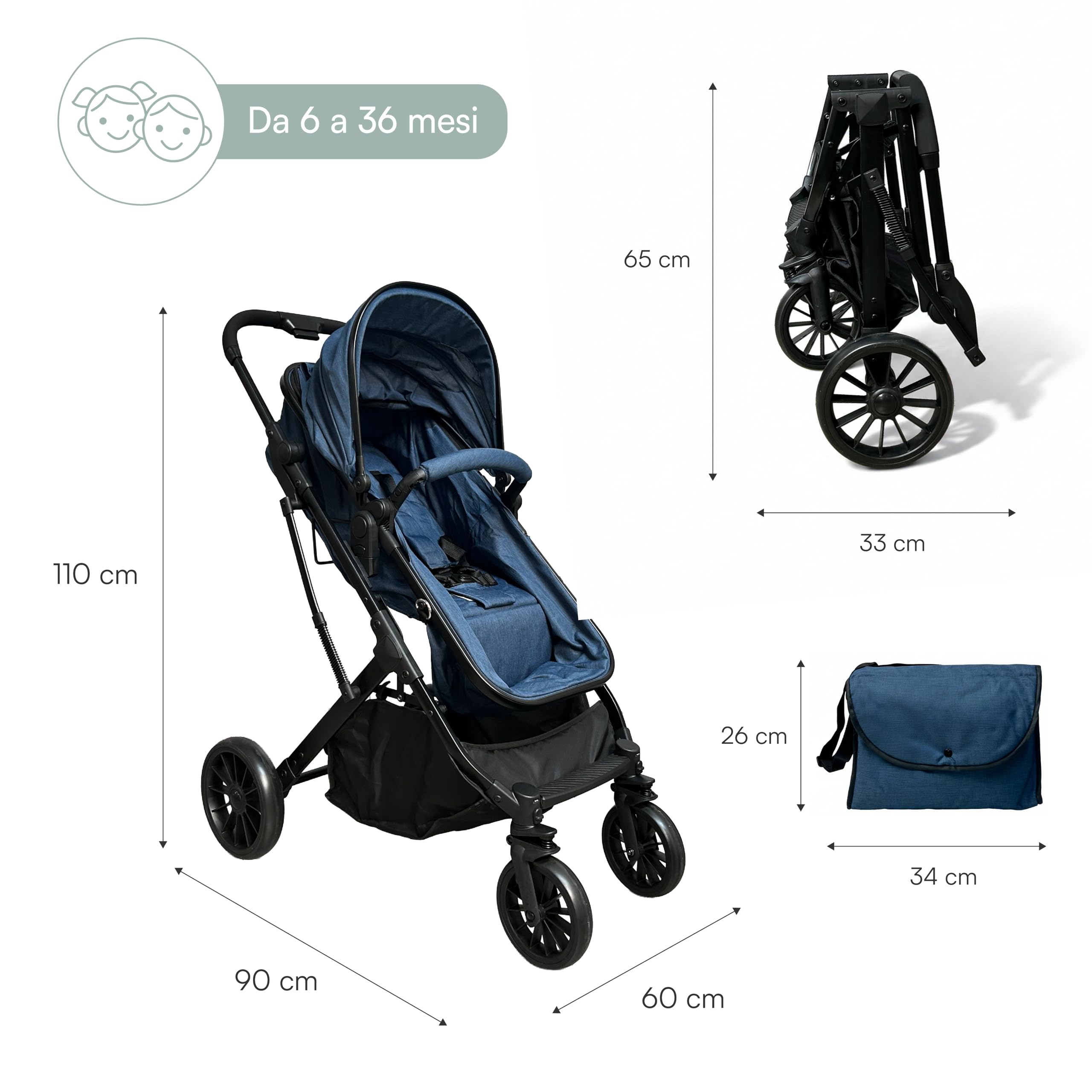 Passeggino Trio 3 in 1 con Navicella, Ovetto e Borsa Mamma, Reversibile, Schienale Reclinabile, Chiusura Compatta, 6-36 Mesi (Blu)