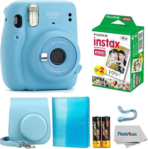 Fujifilm Instax Mini 11 - Paquete de cámara instantánea azul cielo con película Instax Mini Twin Pack  Álbum de fotos con purpurina para 64 fotos