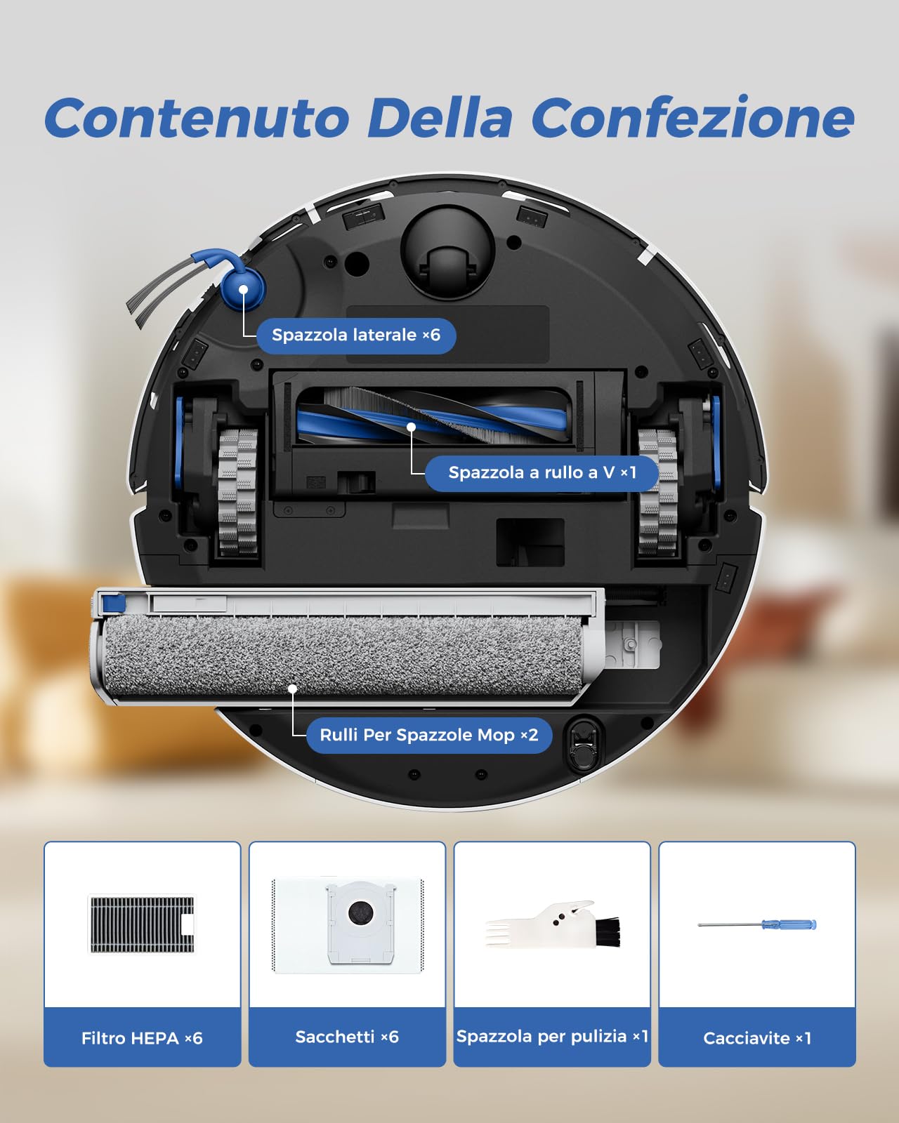 T90 Pro Omni Accessori per ECOVACS DEEBOT T90 PRO OMNI / T90 OMNI / X12 PRO OMNI, T90 PRO OMNI Ricambi: 1 Spazzola Principale, 2 Rulli Per Spazzole Mop, 6 Sacchetti, 6 Filtri, 6 Spazzole Laterali