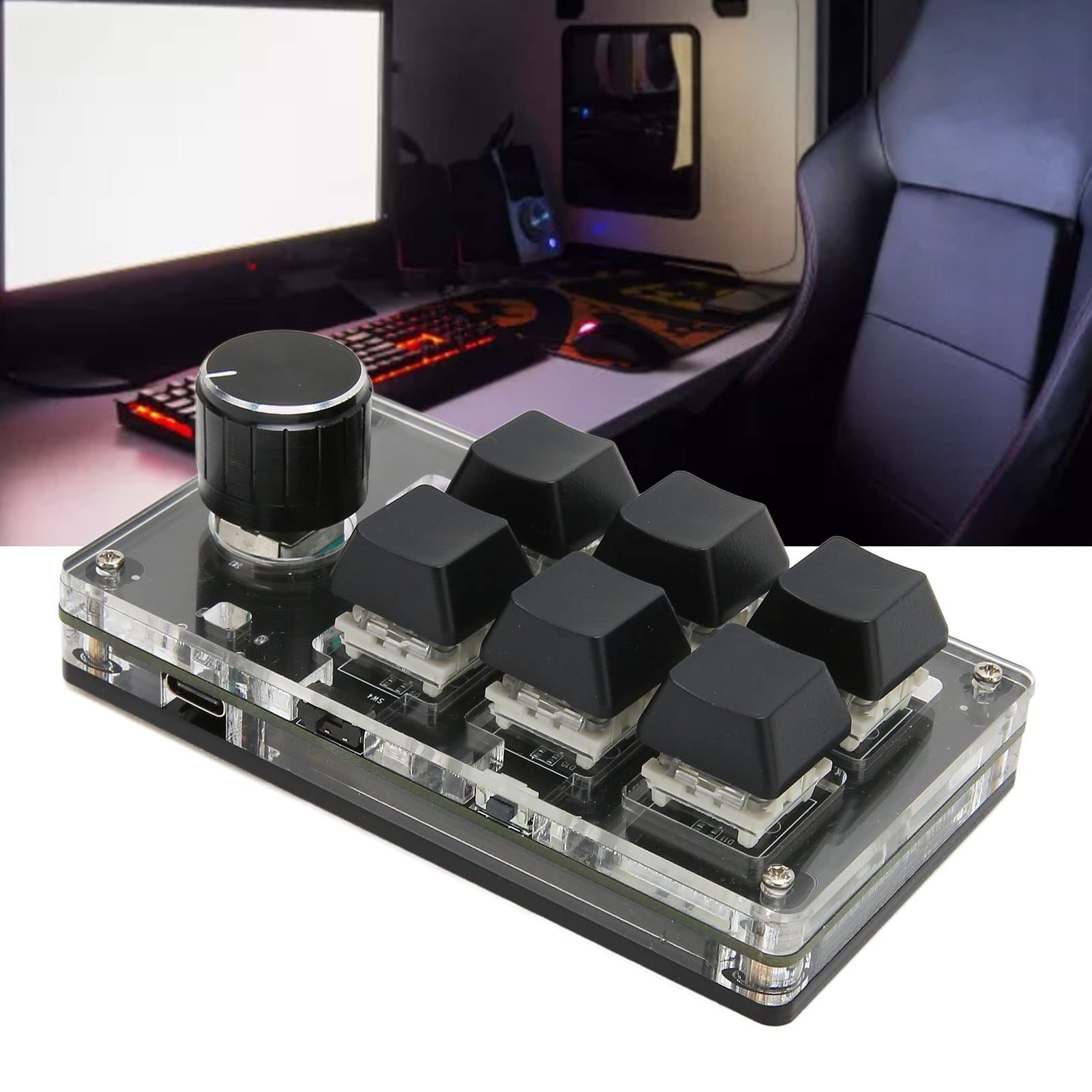 Tastiera Macro Programmabile Meccanica 6 Tasti Con Manopola Tastiera Da Gioco Piccola 12.0×.0×5.0 Cm Modalità USB Adatta Per Ufficio Musica Media Controllo Industriale