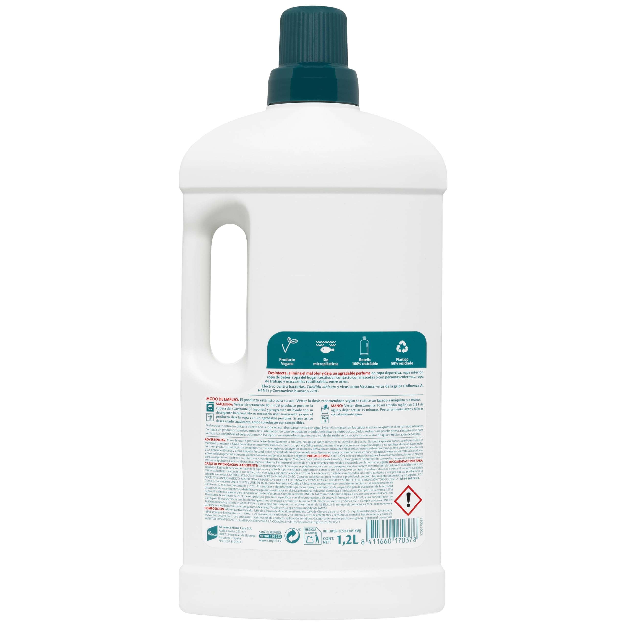 Sanytol – Desinfectante Textil, Elimina Gérmenes y Malos Olores de la Ropa Sin Lejía - Pack de 4 x 1200 ML = 4,8L