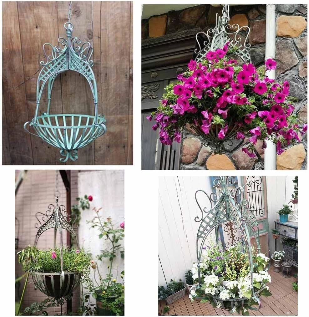 Panier de fleurs suspendu en fer forgé avec chaîne | Jardinière décorative intérieur/extérieur pour balcon, véranda et terrasse