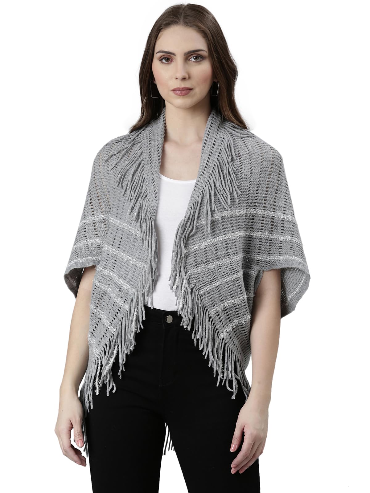 showoffff SHOWOFF Women's Grey Self Design Three-Quarter Sleeves Shawl Collar Poncho-CHN-9951_Grey-picture-10