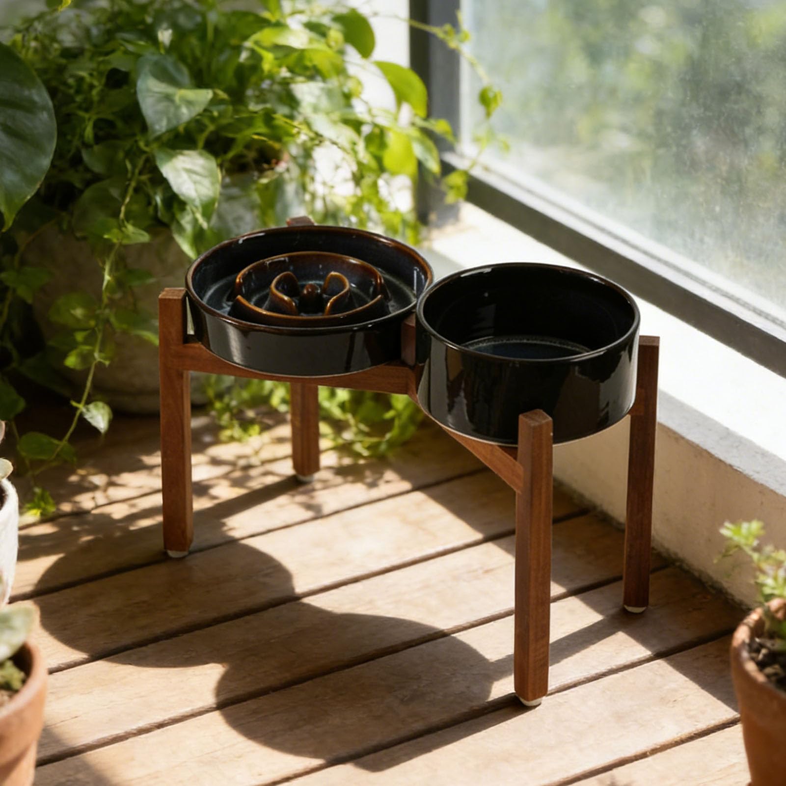 Cuenco de Cerámica para Gatos con Comedero Lento con Base de Madera Elevada, Comedero Elevado para Gatos Antideslizante y Fácil de Limpiar para Comida Seca y Húmeda (I. 1 Yen + h. AIN bul)