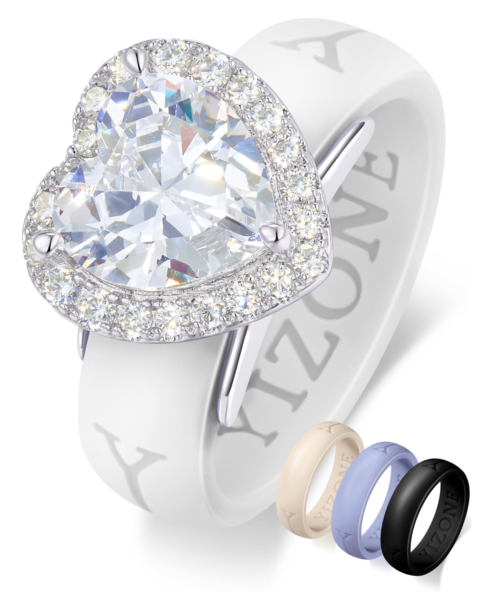 Silicone Ring with Stone Interchangeable Silicone Bands Set–Comfortable Everyday Workout Ring, 4 Colors Included, 6A Cubic Zirconia Pear Cut Ring with Hidden Halo, Patent Pending Design