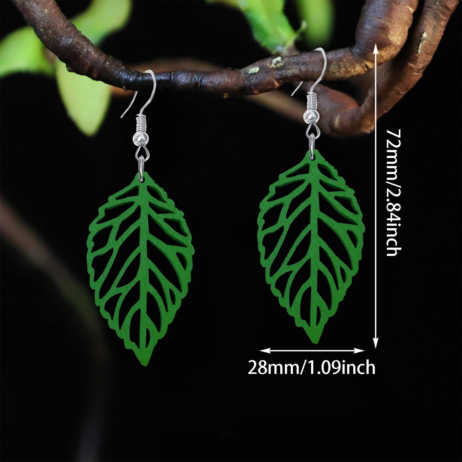 Handmade Colorful Hollow Natural Wood Leaf Dangle Drop Earrings Unique Cute Bohemian Wooden Leaf Feather Hook Earrings for Women Party Prom - Image 2