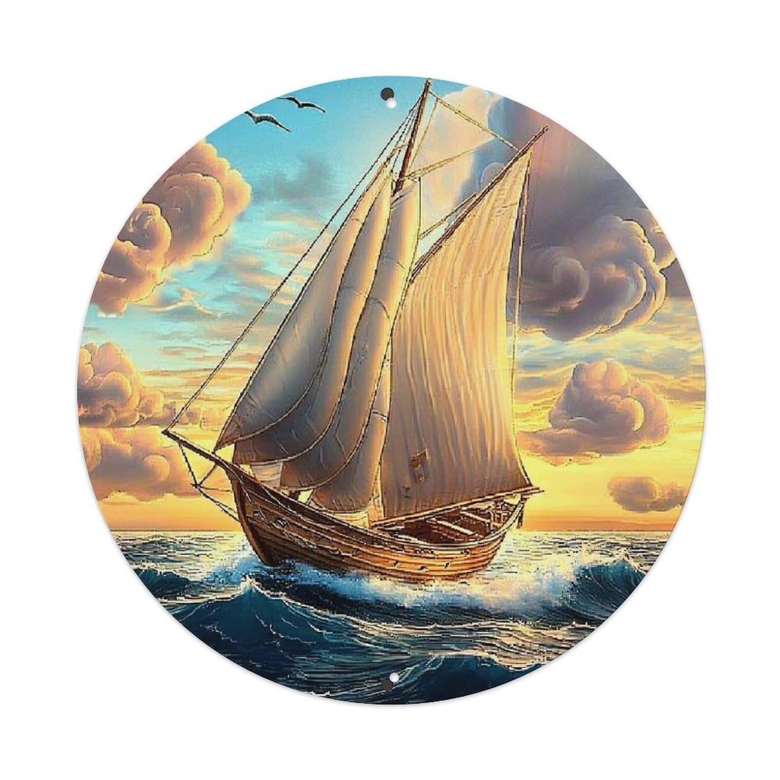 Sailboat On Ocean Waves Retro Metal Tin Sign, Vintage Metal Poster for home, Gaming Room, Studio Workshop,Bar,Garage Wall Art Decor 8x8 inch