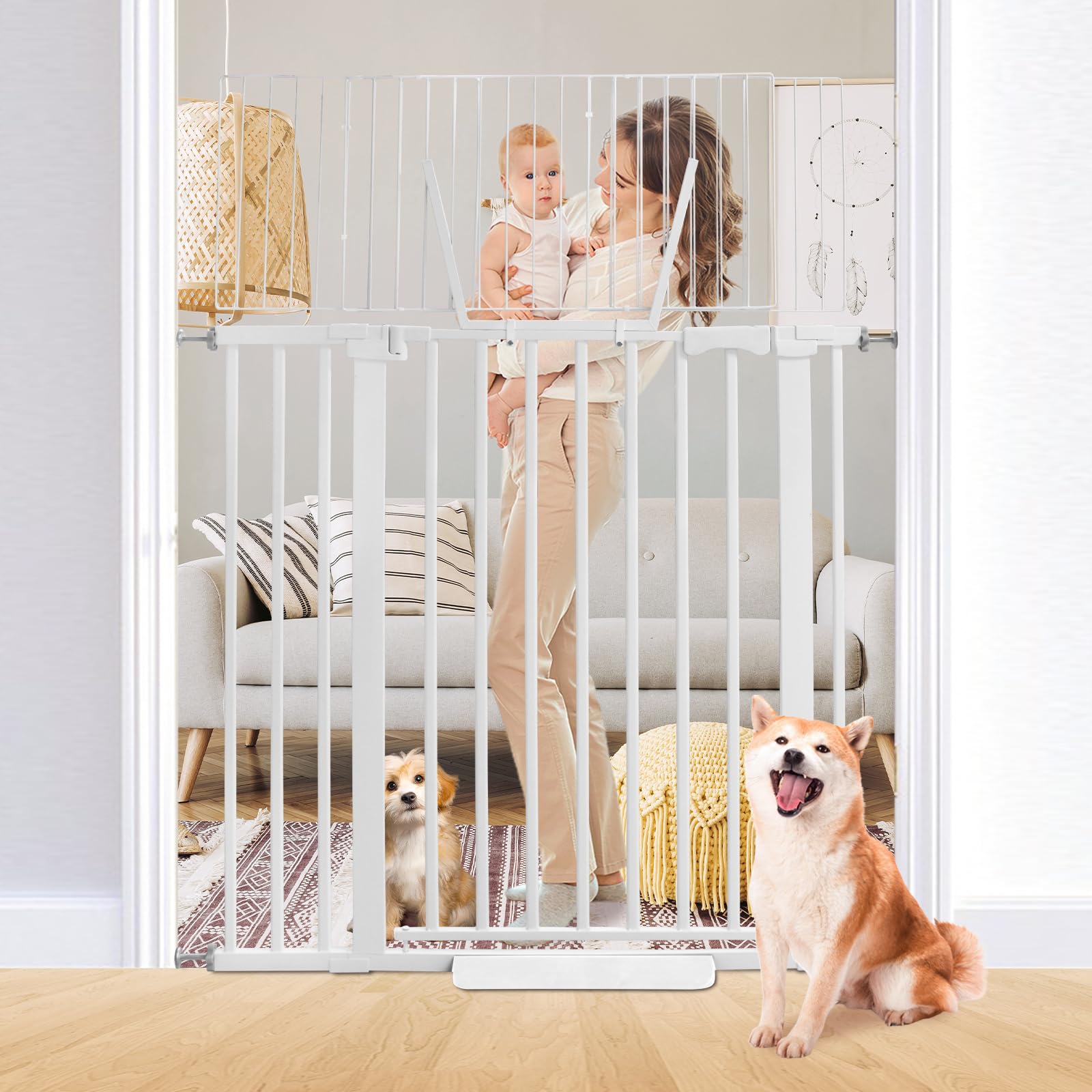 59 Inch Extra Tall Pet Gate, Adjustable 29.92"-43.71" Wide Auto Close Dog Gate with Tall Panels, Pressure Mounted Walk Through Swing Cat Gates for Doorways(White)
