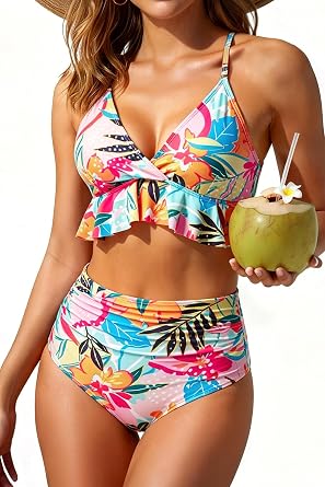 Women Ruffle Bikini Set High Waisted Tummy Control Two Piece Swimsuits