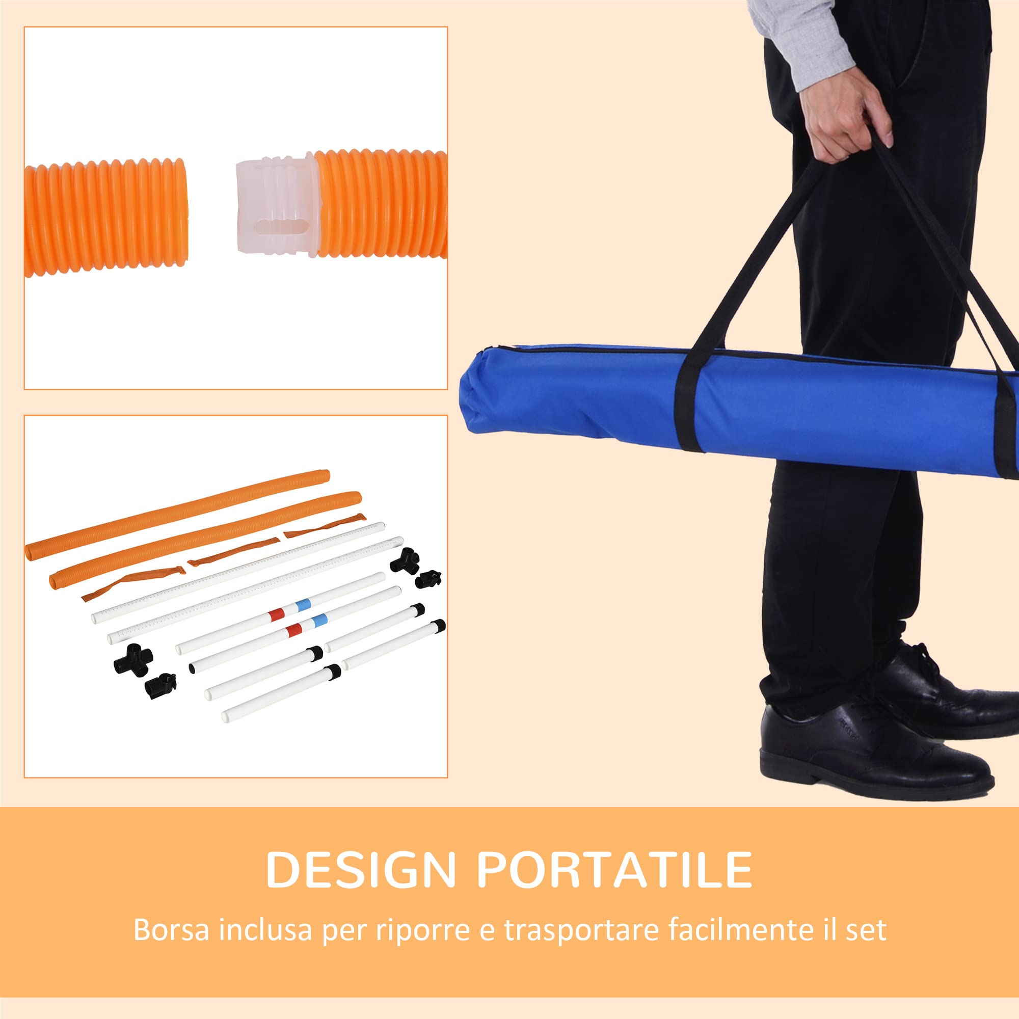 PawHut Set Agility Dog Portatile con Anello e Sbarra, Multiuso e Salvaspazio, con Borsa da Trasporto Inclusa, 74.5x66x91cm, Bianco e Arancione