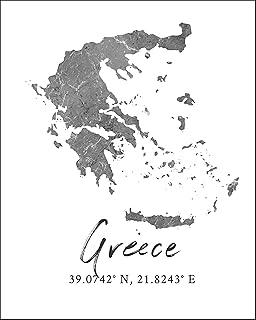 WESTBROOK DESIGN STUDIO Greece Map Wall Art Print - 8x10 Silhouette Decor Print with Coordinates. Makes a Great Greek-Themed Gift. Shades of Grey, Black & White.
