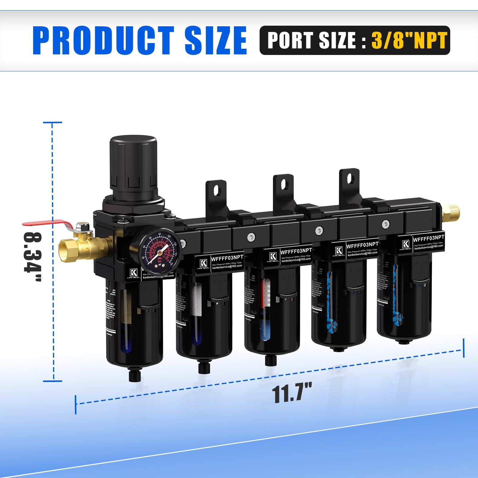 Essiccatore d'aria a 5 stadi NPT da 3/8 "per compressore, filtro in ottone e filtro a coalescenza, essiccatore doppio essiccante e regolatore d'aria, sistema di separazione dell'acqua del