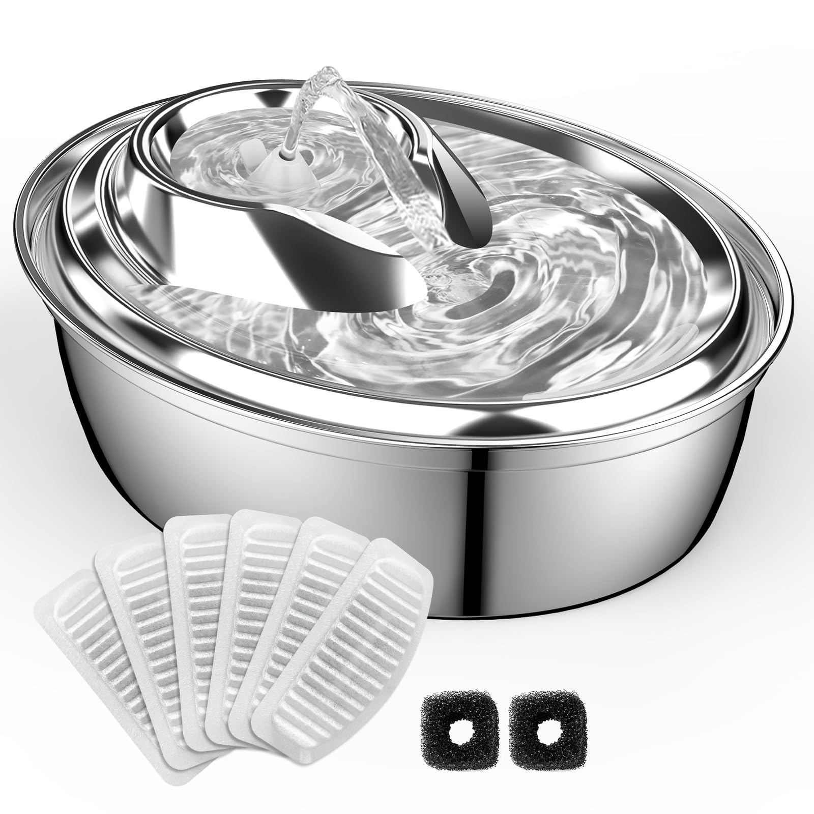 ORSDA Cat Water Fountain, Automatic Drinking Fountain Dog Water Dispenser with 8 Replacement Filters & 1 Silicone Mat for Cats, Small Dogs,2L Stainless Steel Pet Water Fountain