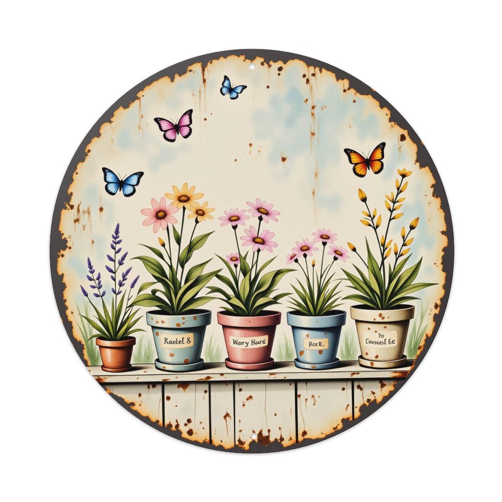 Butterfly Garden Pots Flowers Names Round Tin Sign Vintage Style Metal Sign Home Bar Garden Wall Plaque Decor Metal Poster 8x8 Inch