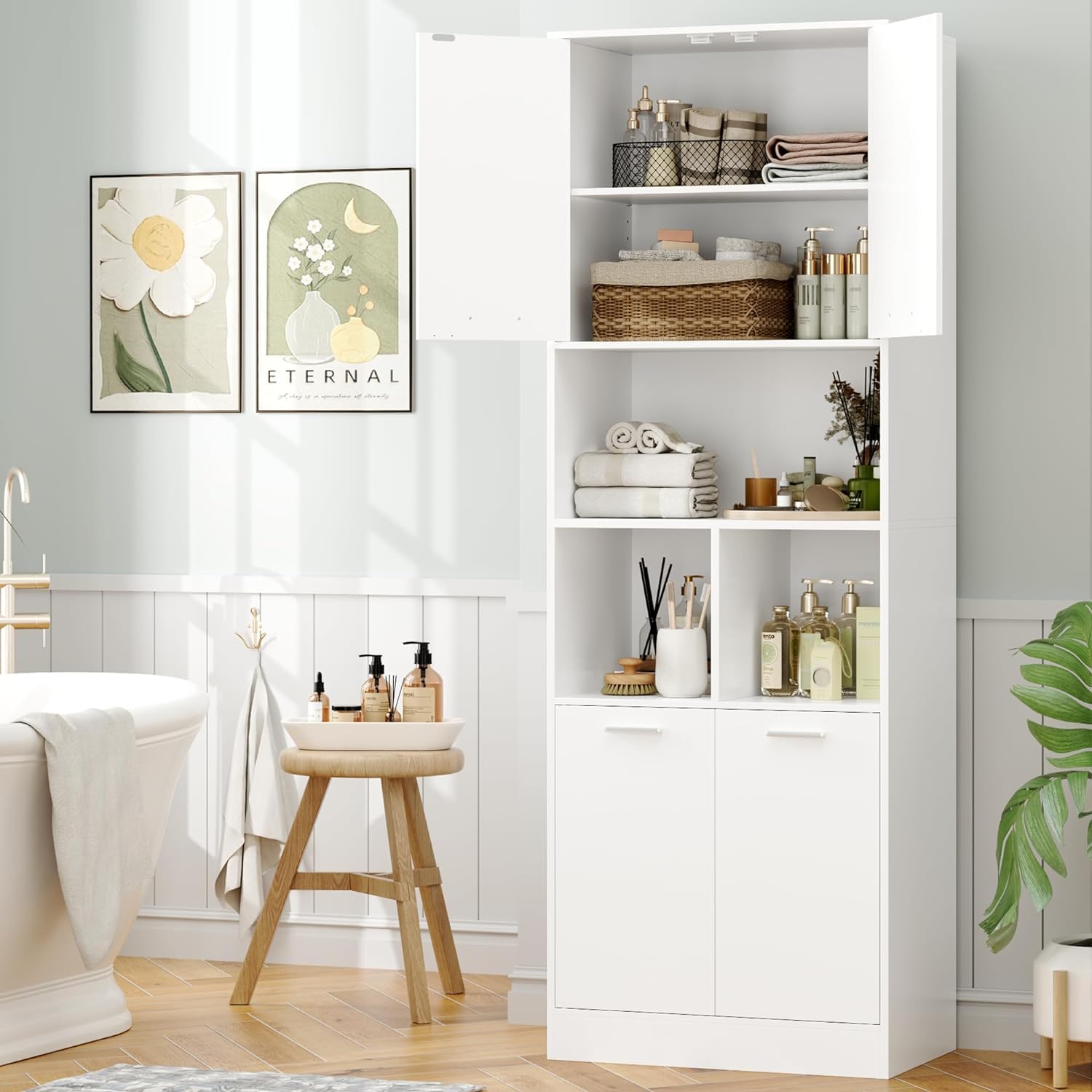 FirFurd Colonna Bagno,Mobile Bagno Alto con 4 Ante e Vani Apert Bianco | Colonna Bagno da Terra,Mobiletto Portaoggetti con Ripiani Regolabili/Rimovibili,per Soggiorno, Camera, Cucina,180.5x60x40cm