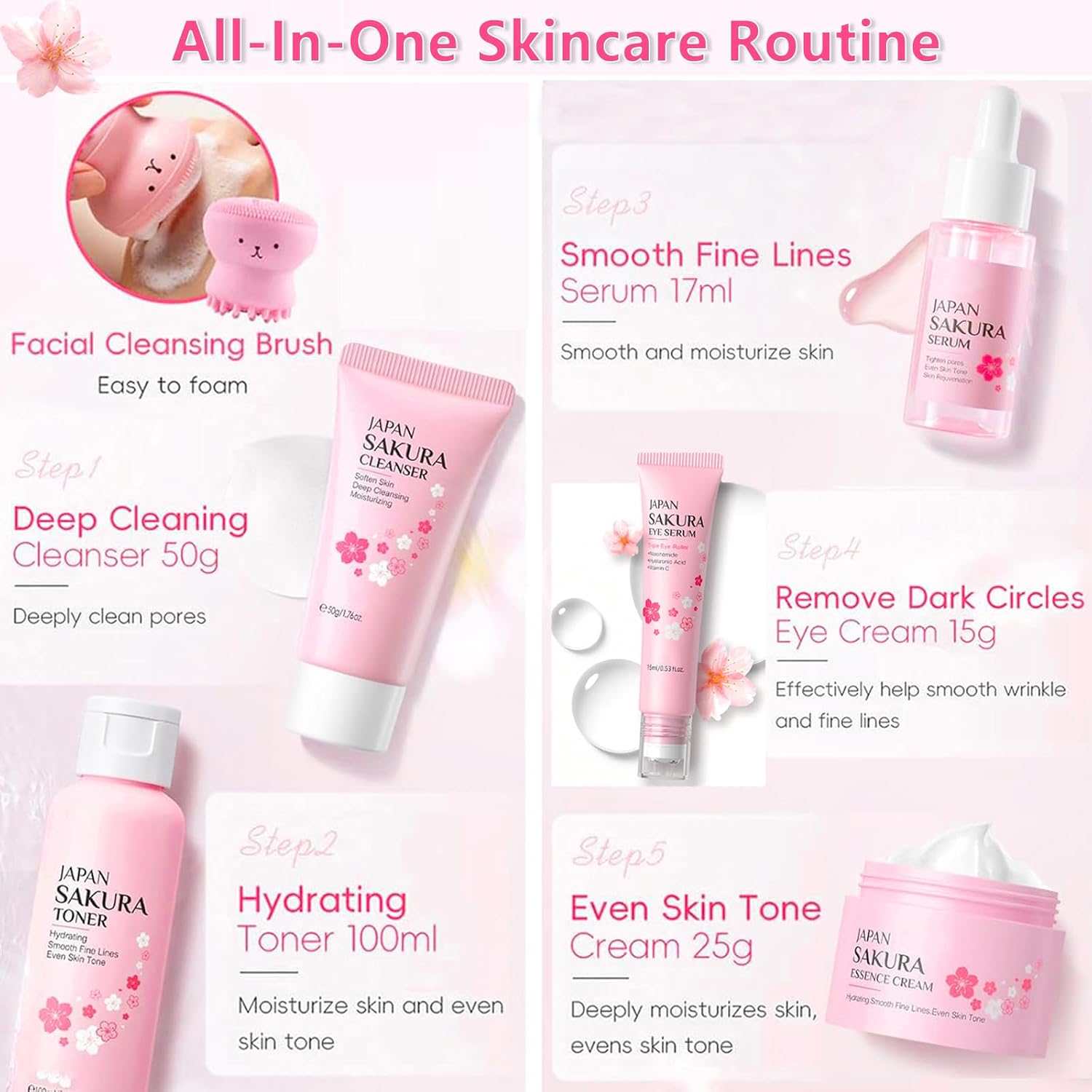 Sakura Skin Care Set for Kids Teen Girls, 15PCS Daily Gentle Skin Care Set