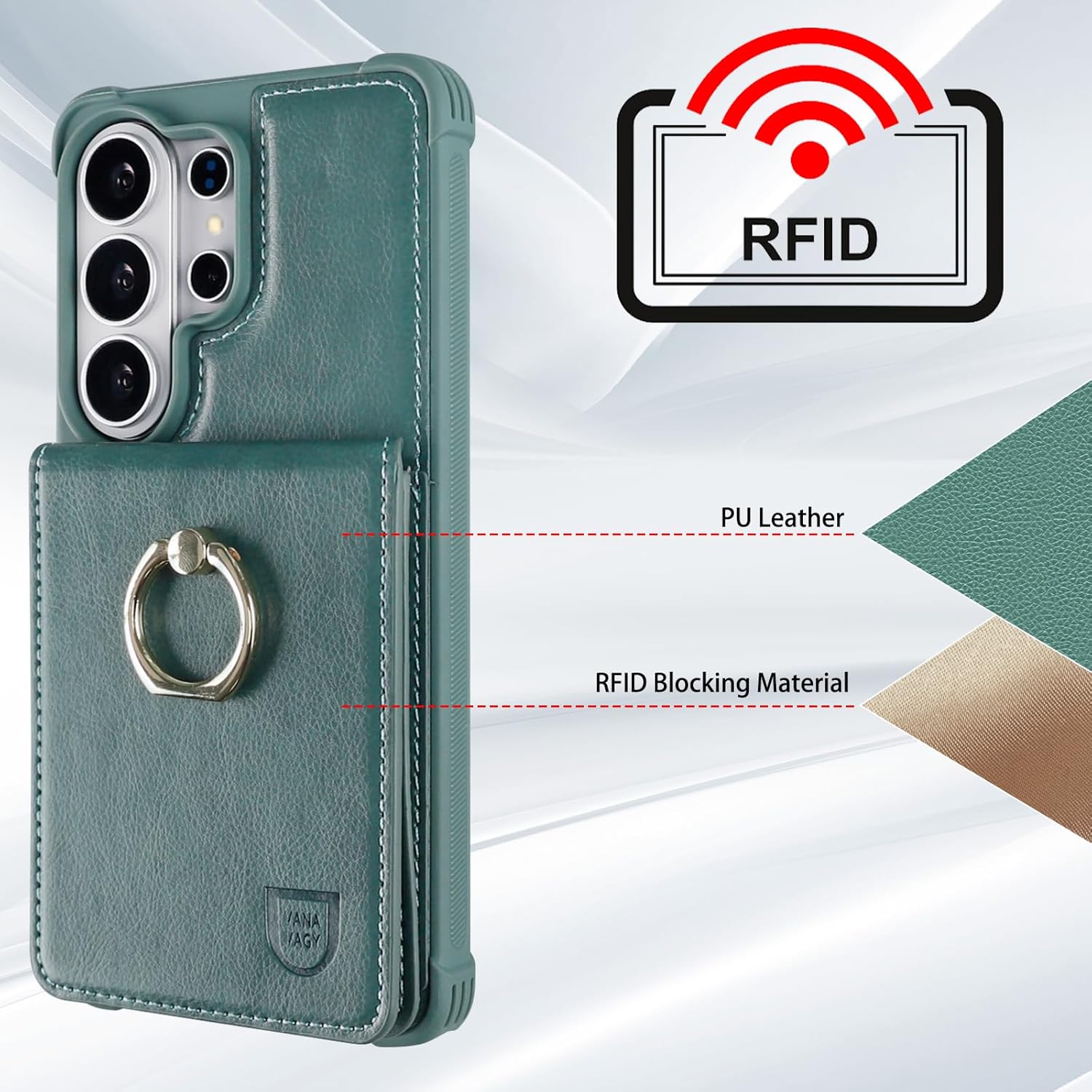 VANAVAGY Wallet Case for Galaxy S26 Ultra with RFID Blocking Card Holder, PU Leather Magnetic Clasp Case with Ring Kickstand for Women Men, Shockproof Phone Cover for s26ultra 6.9inch, Forest Green