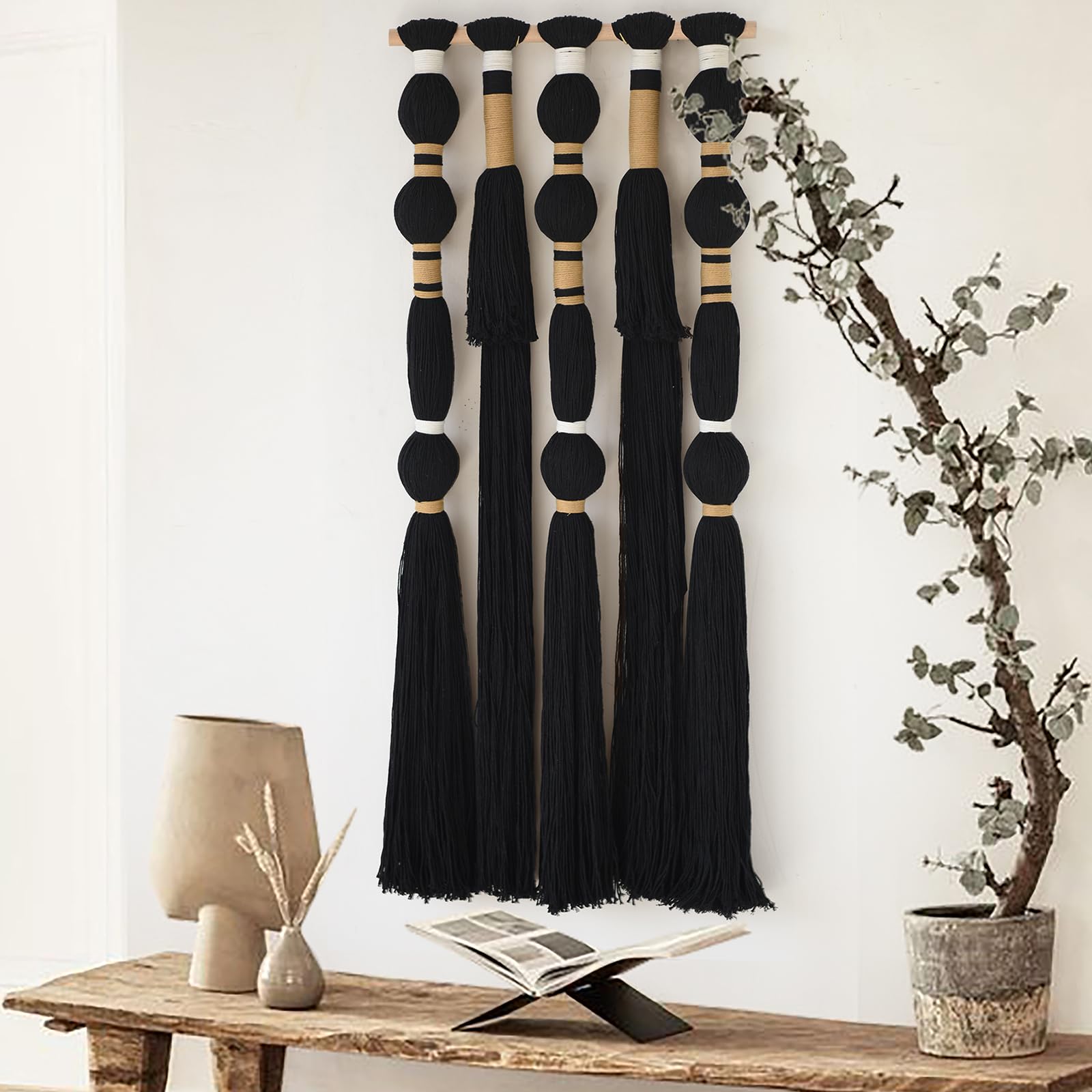 Flber Makramee-Wandbehang, schwarz, kugelförmig, Baumwollquasten, Textil, geometrisches Garn, Wandkunst für Schlaf- und Wohnzimmer, 40 cm B x 99 cm L