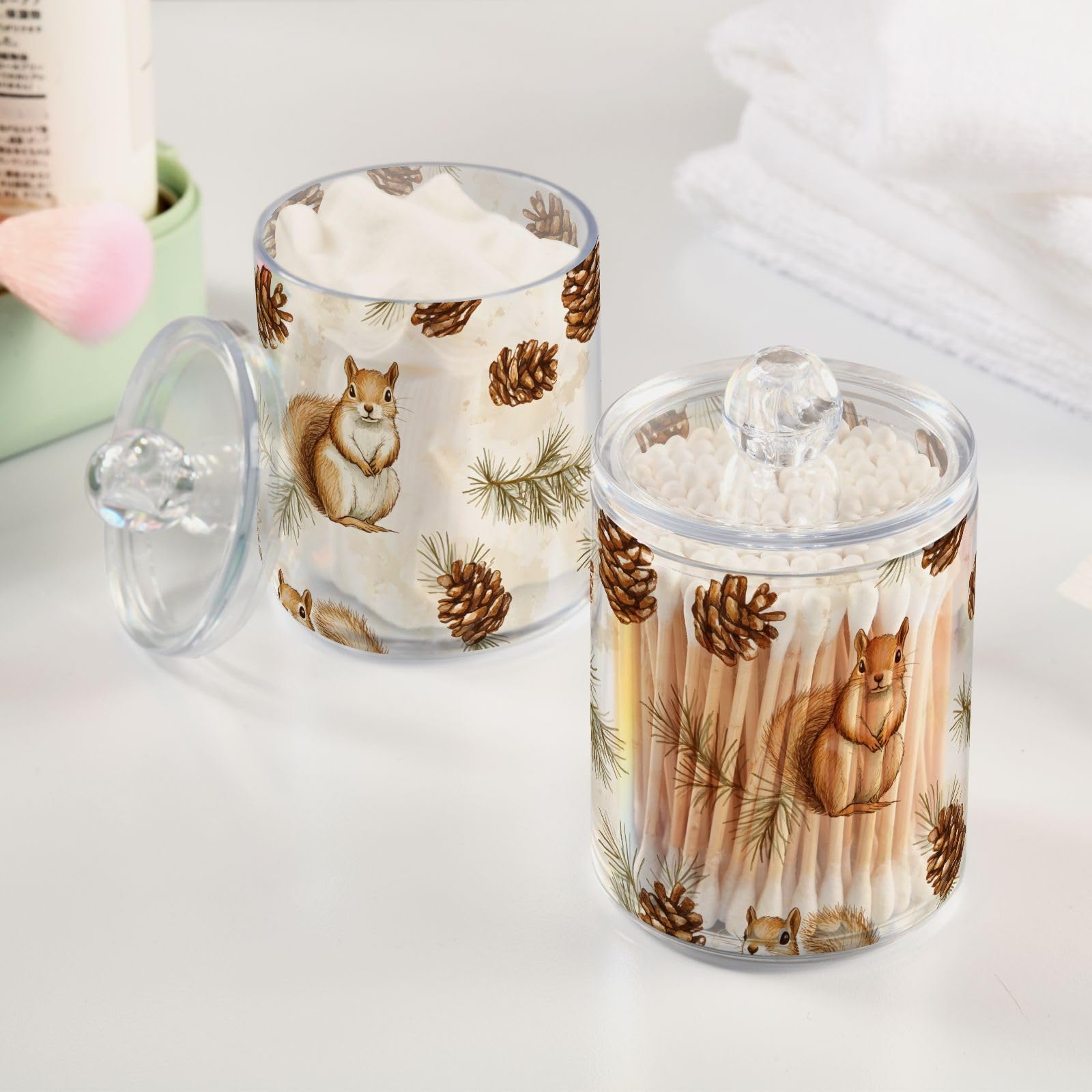 ALAZA 2 Pack Qtip Holder Dispenser for Cotton Ball Squirrel Pine Cone Swab Cotton Round Pads Clear Plastic Acrylic Jar Set Bathroom Canister