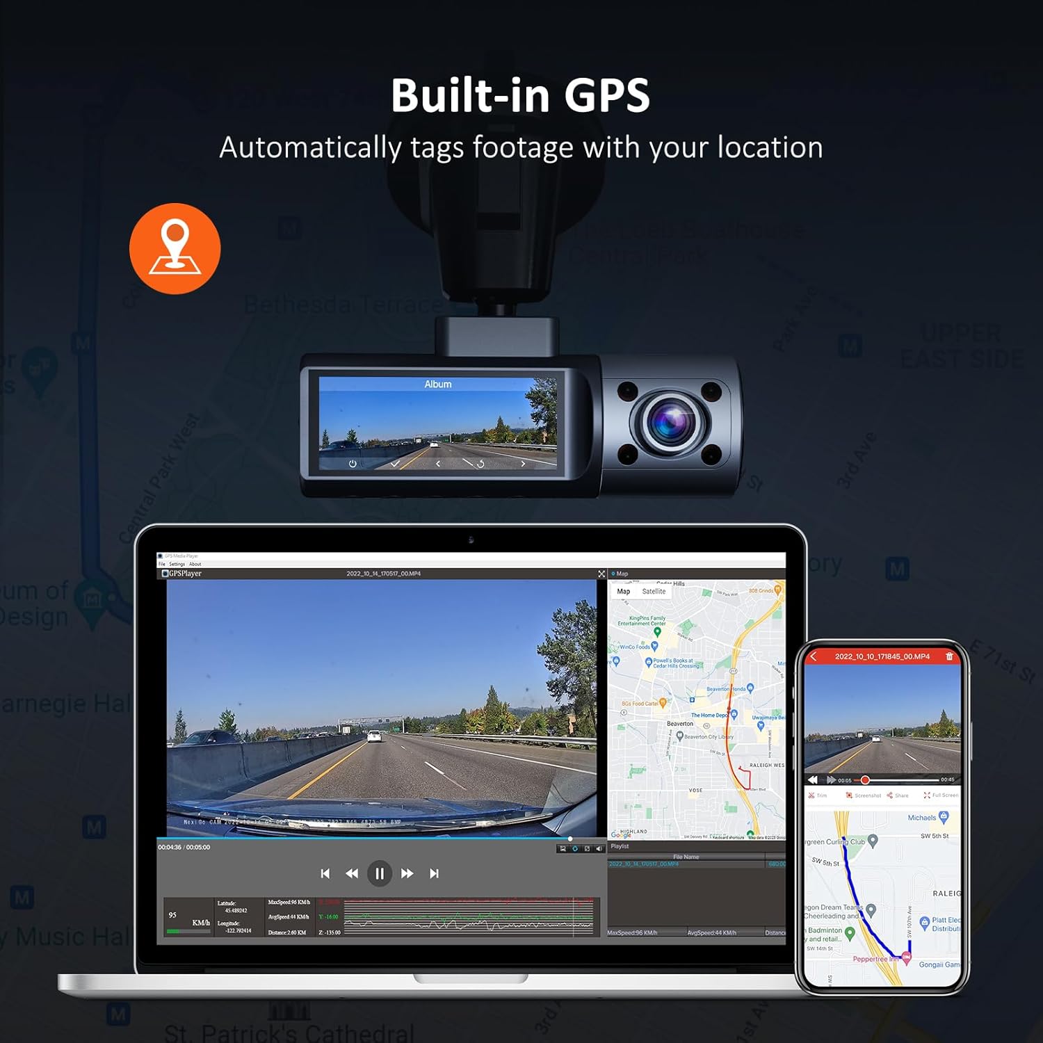NexiGo D621 Dash Cam showing built-in GPS functionality with map overlay