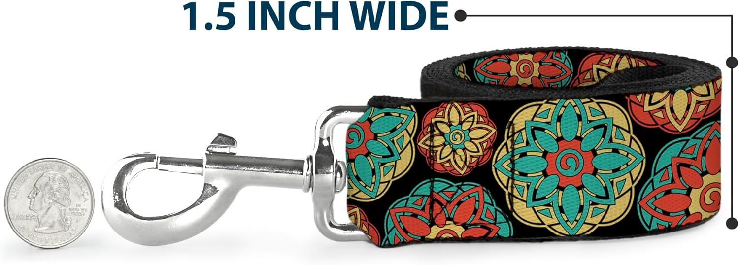 Dog Leash Boho Mandala Black Yellow Turquoise Orange 6 Feet Long 1.0 Inch Wide