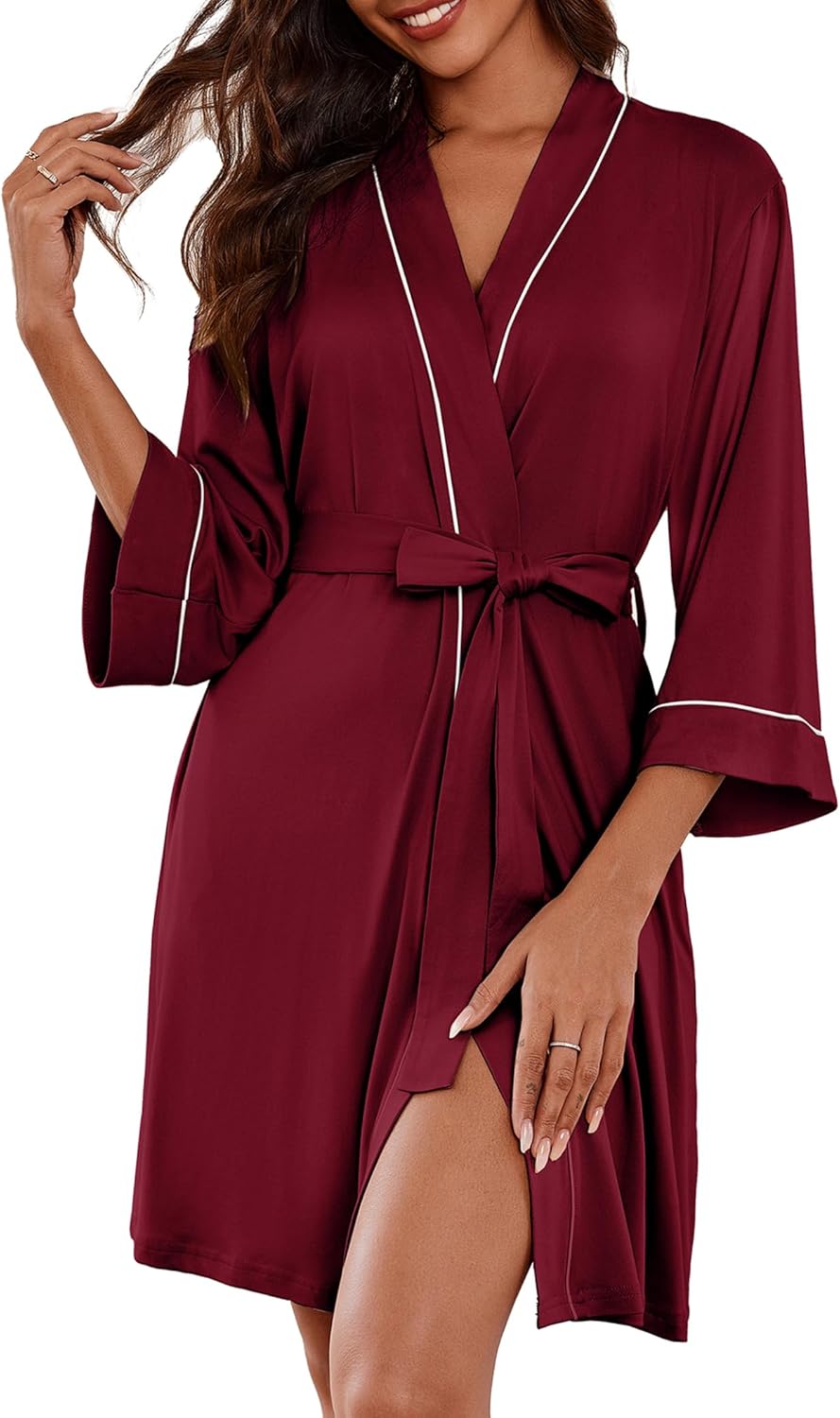 Ekouaer Women Kimono Robes Knee Length Knit Bathrobe Lightweight Soft Sleepwear V-neck Casual Ladies Loungewear