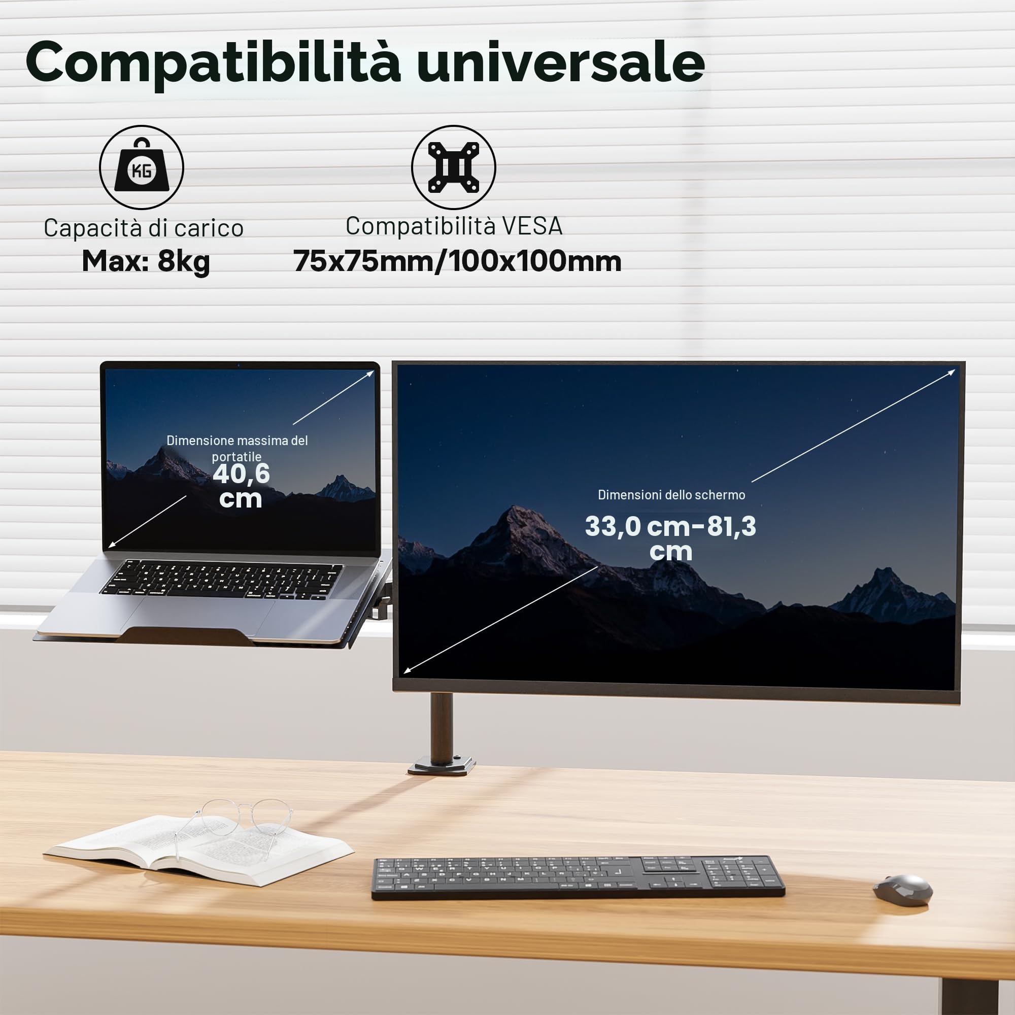 Redbat Supporto Monitor Braccio Display con Vassoio per Doppio Schermo Laptop (max 16'') e LED LCD da 13 a 32 Pollici (max 8 kg), Inclinazione, Rotazione, 2 Opzioni di Installazione