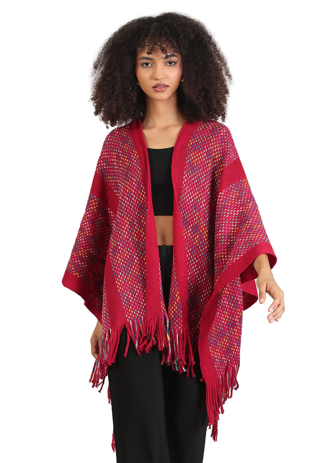 Women's Solid Red Fringed Edge Poncho-CHN-9952-3_Red-image-26