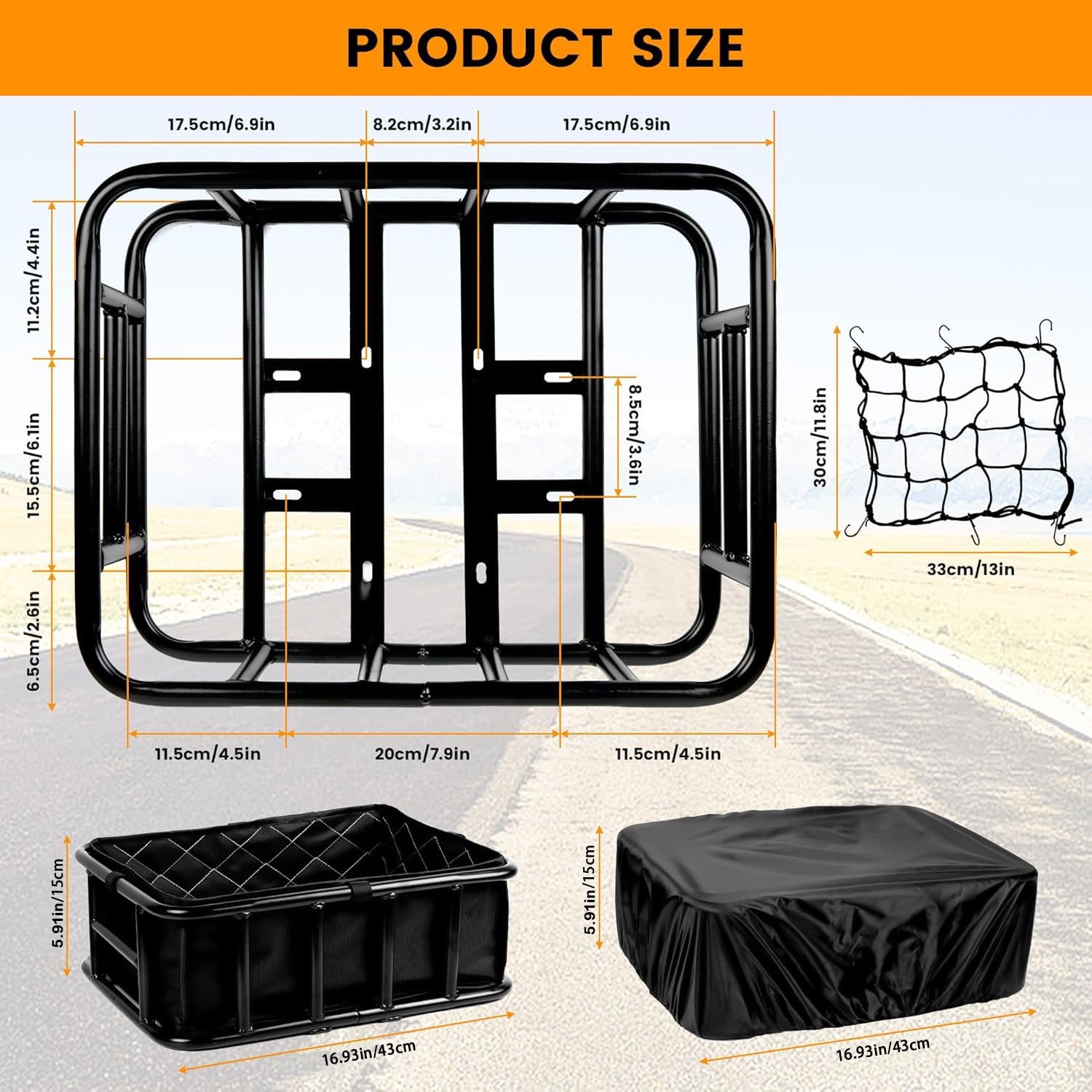 SAMRELAX Bike Basket Rear, Large Bicycle Basket with Cargo Net, Liner and Waterproof Cover for Electirc Bike, Ebike and Bikes, Large Capacity Wire Bakset