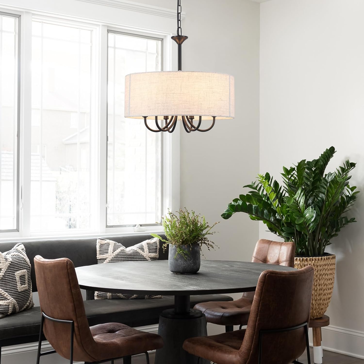18" Drum Chandelier for Dining Room, 6-Light Farmhouse Round Chandelier, Black Hanging Light Fixture for Kitchen Island Bedroom Living Room Entryway Foyer