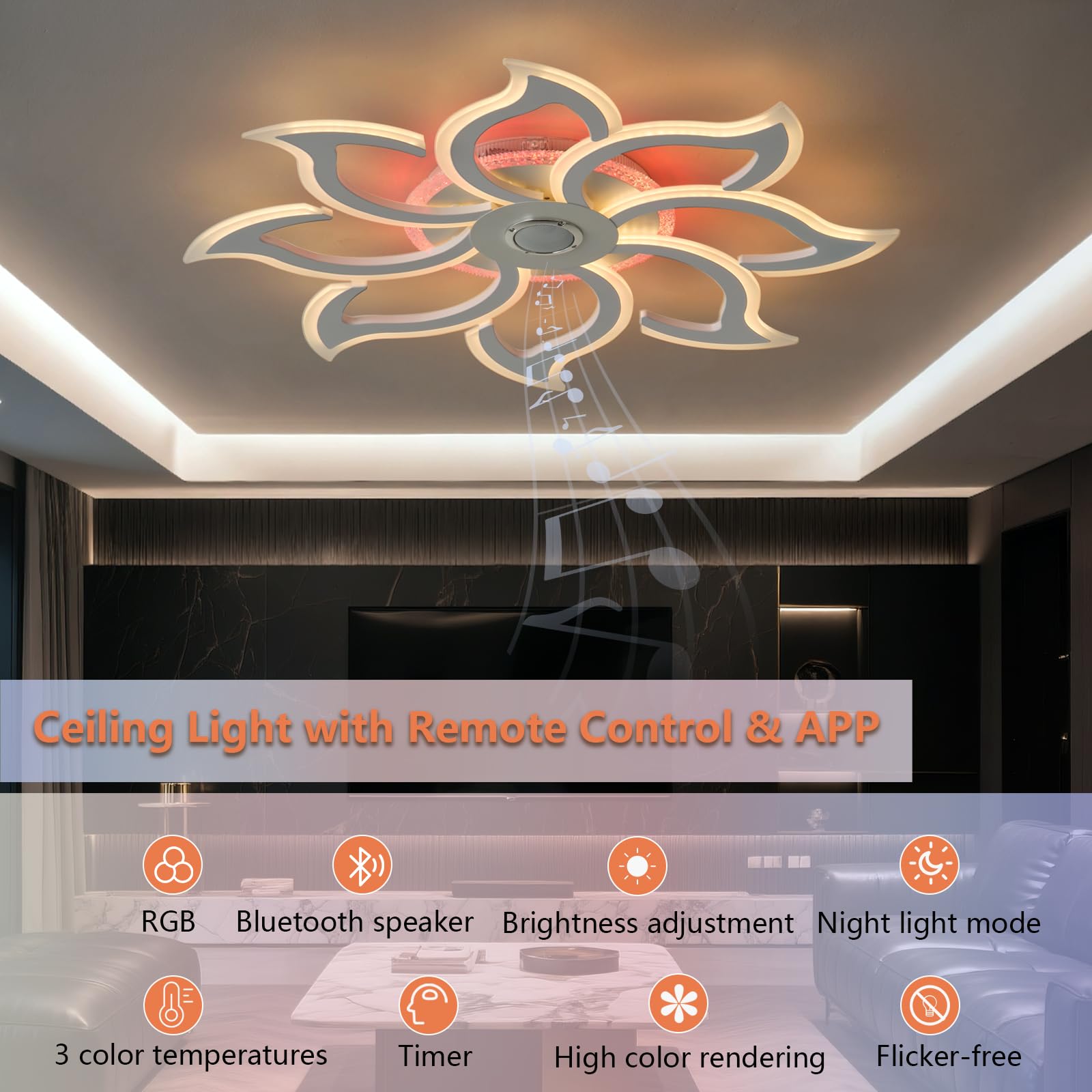 Lampadario RGB Lampadari Motivo Floreale con Altoparlante Bluetooth Telecomando APP Timer Dimmerabile Plafoniera con Luce Notturna e Funzione di Memoria per la Camera da Letto, Bianco