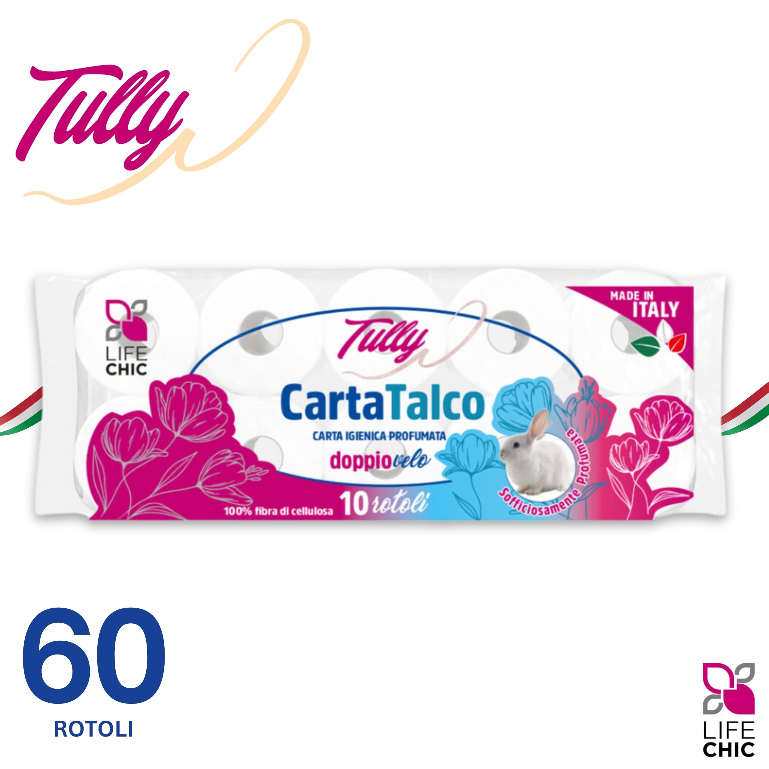 Carta Igienica TULLY 60 Rotoli 2 Veli Profumata al Talco – Carta Morbida e Resistente, Delicata sulla Pelle, Ideale per Bambini e Famiglia, Rotoli Lunghi e di Qualità Premium